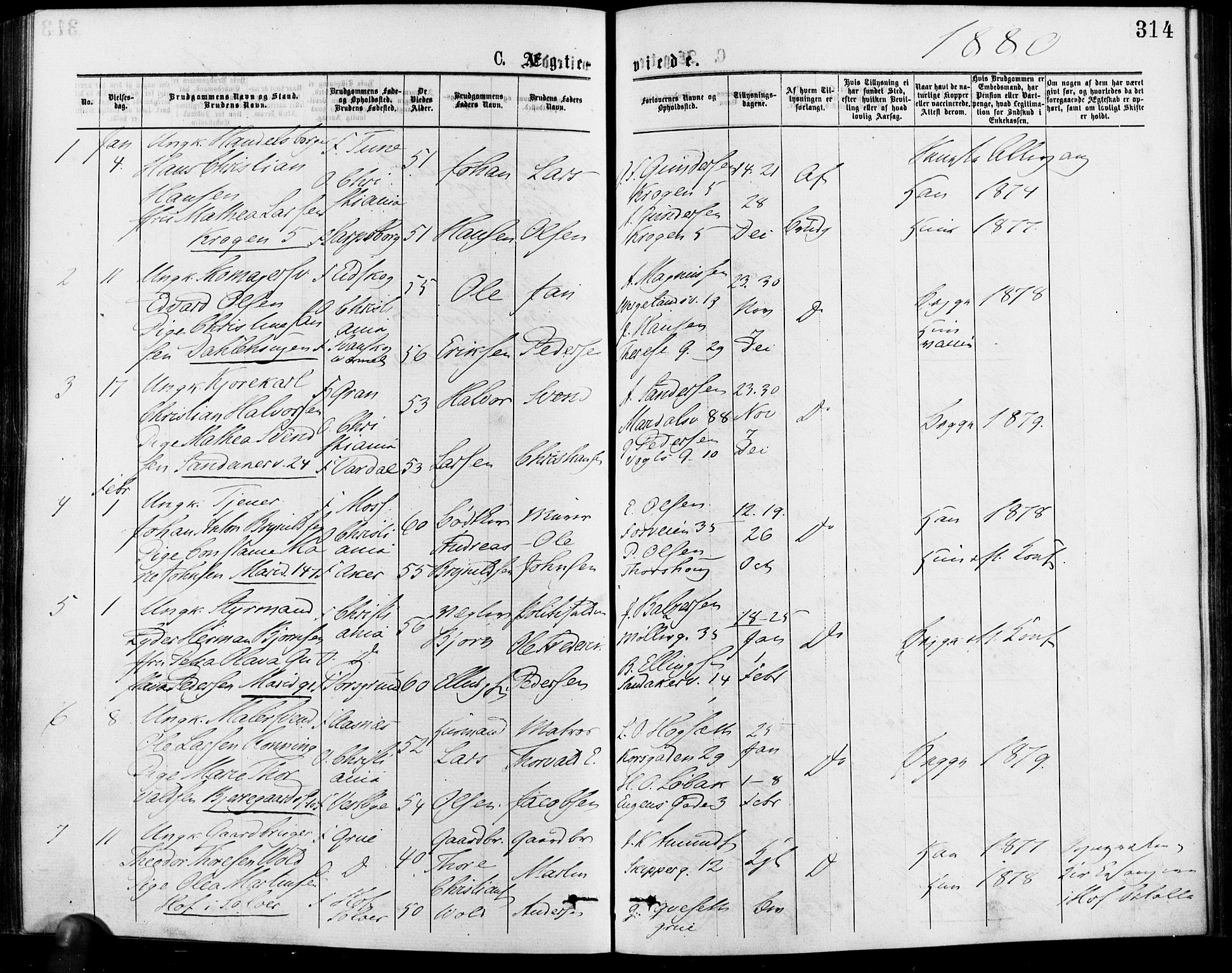 Gamle Aker prestekontor Kirkebøker, SAO/A-10617a/F/L0005: Parish register (official) no. 5, 1873-1881, p. 314