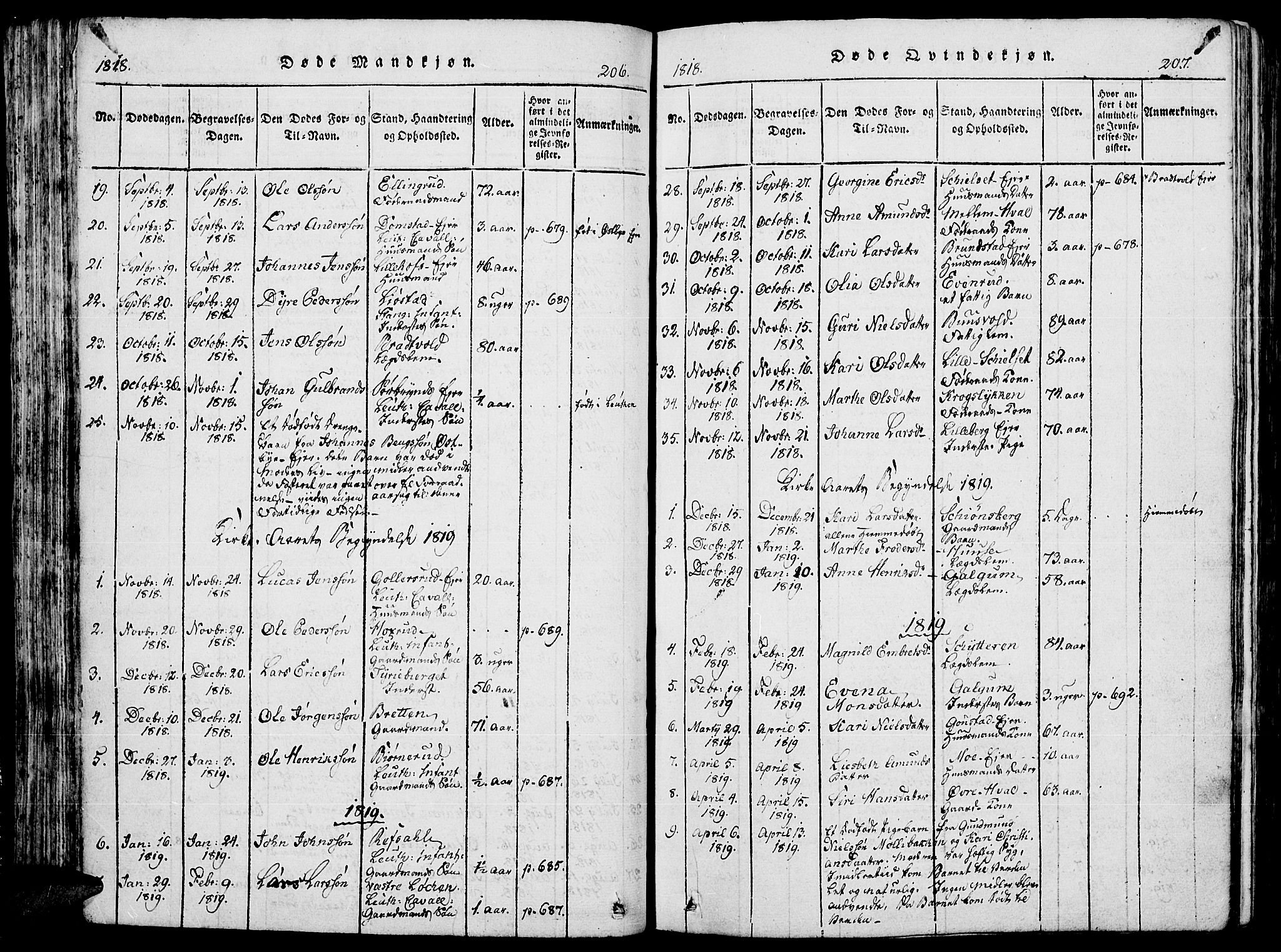Romedal prestekontor, SAH/PREST-004/K/L0002: Parish register (official) no. 2, 1814-1828, p. 206-207