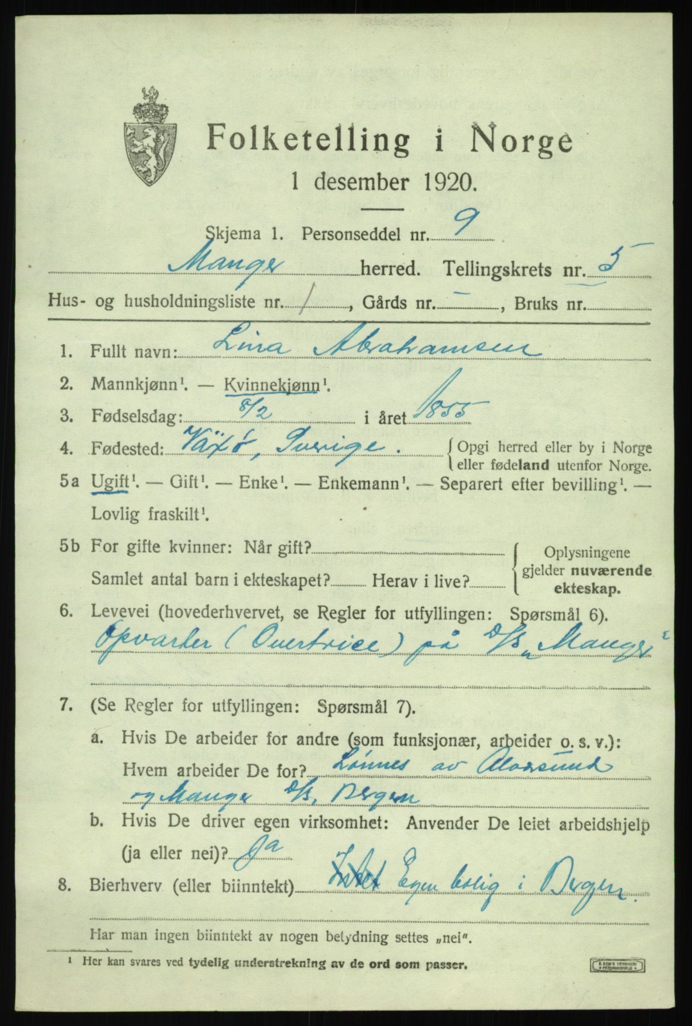 SAB, 1920 census for Manger, 1920, p. 3271