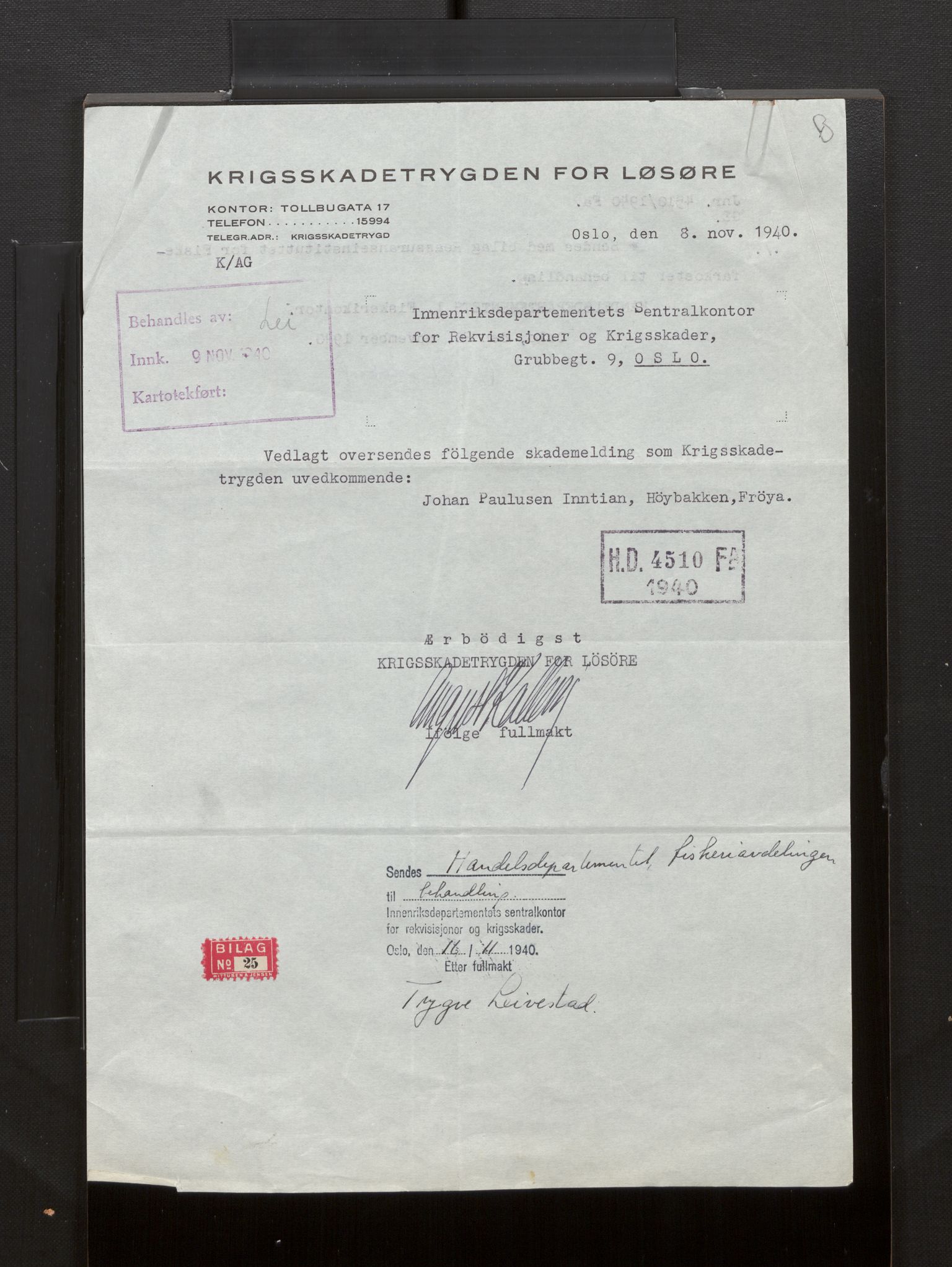 Fiskeridirektoratet - 1 Adm. ledelse - 13 Båtkontoret, AV/SAB-A-2003/La/L0008: Statens krigsforsikring for fiskeflåten, 1936-1971, p. 422