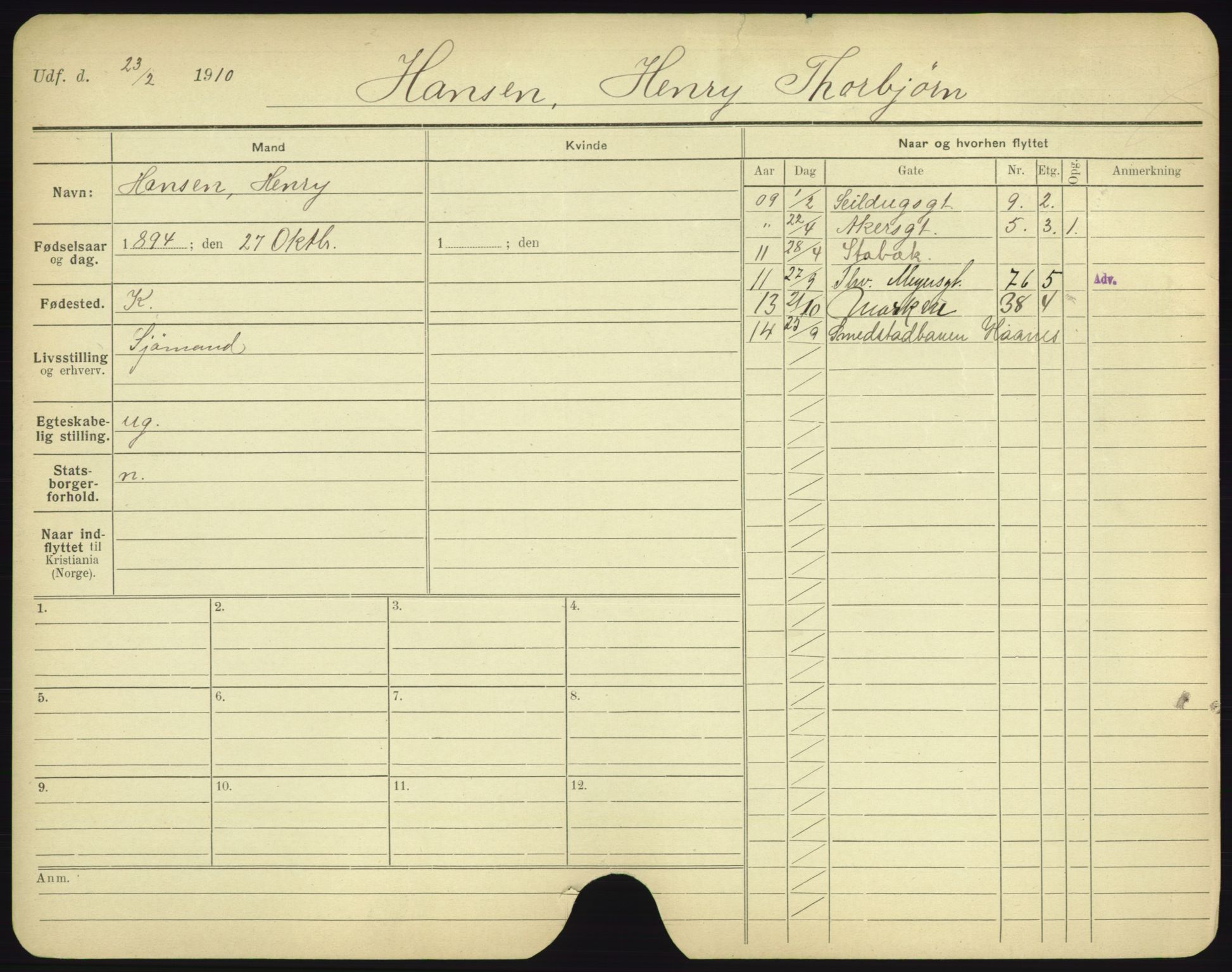 Oslo folkeregister, Registerkort, AV/SAO-A-11715/F/Fa/Fac/L0004: Menn, 1906-1914, p. 113a