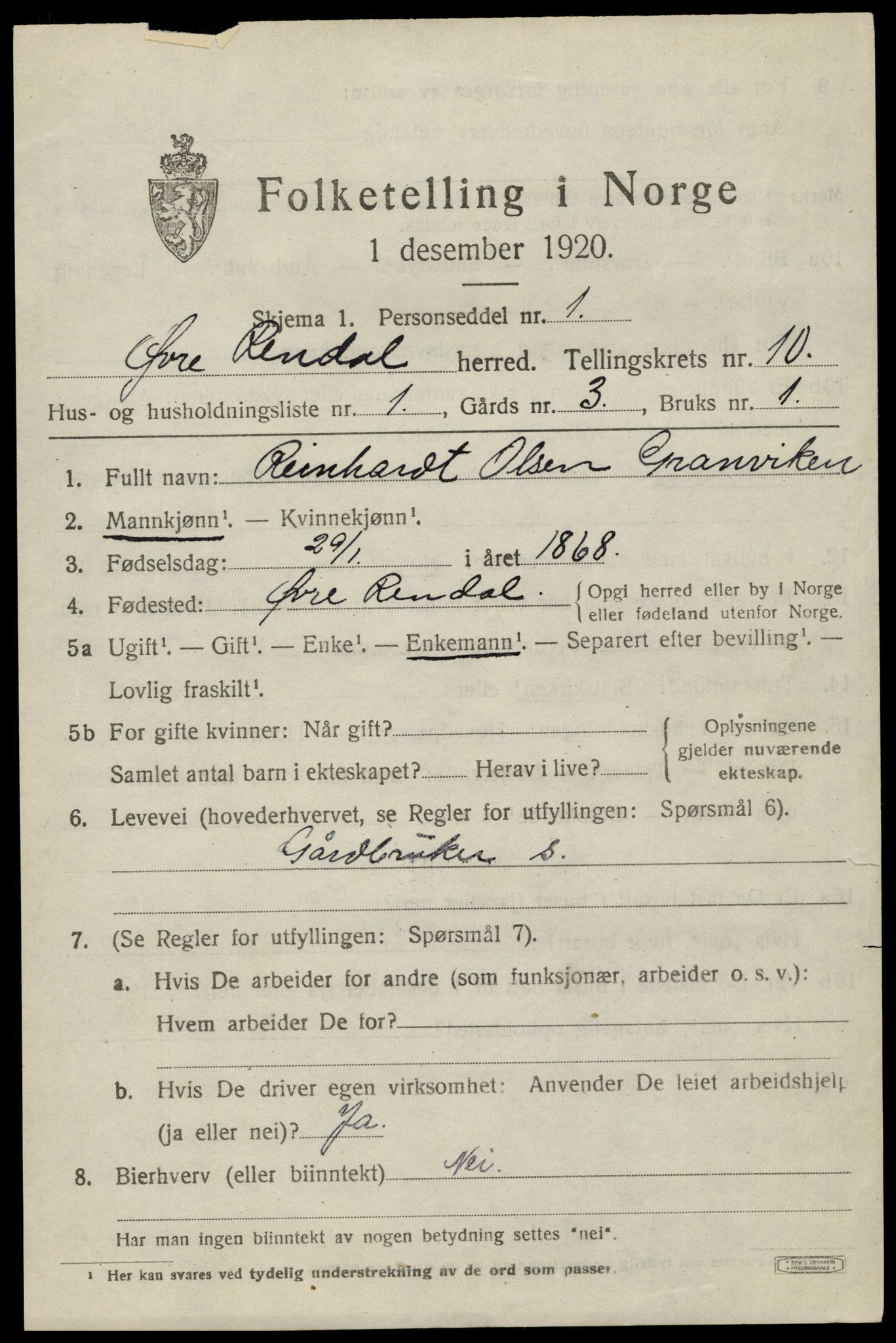 SAH, 1920 census for Øvre Rendal, 1920, p. 3831