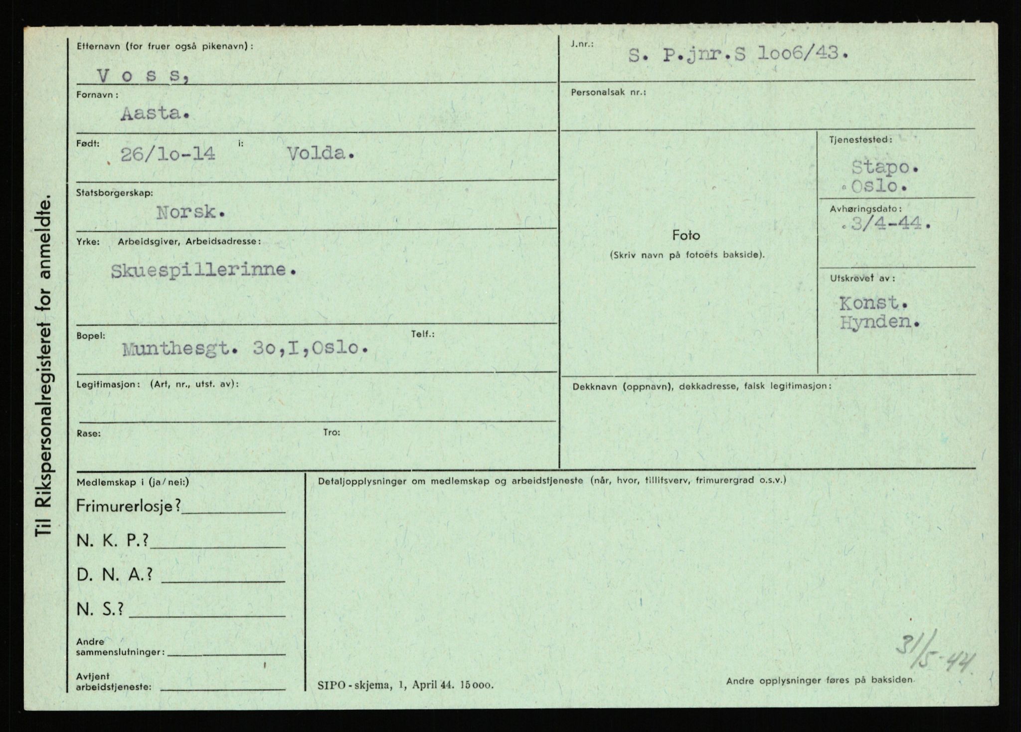 Statspolitiet - Hovedkontoret / Osloavdelingen, AV/RA-S-1329/C/Ca/L0016: Uberg - Øystese, 1943-1945, p. 1512