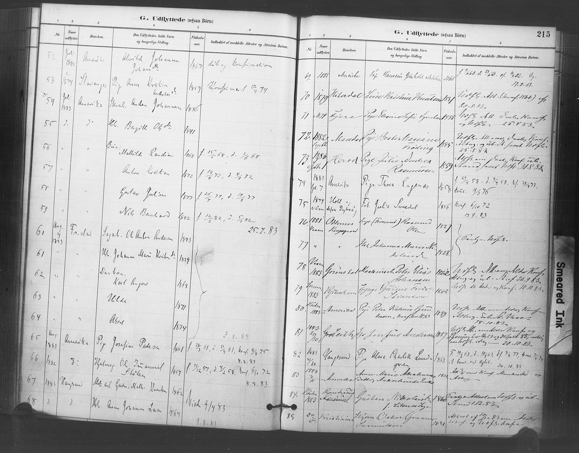 Kristiansand domprosti, SAK/1112-0006/F/Fa/L0018: Parish register (official) no. A 17, 1880-1892, p. 215