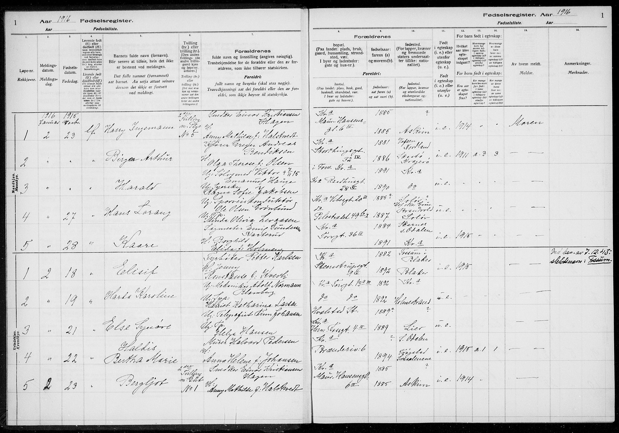Rikshospitalet prestekontor Kirkebøker, SAO/A-10309b/J/L0001: Birth register no. 1, 1916-1916, p. 1