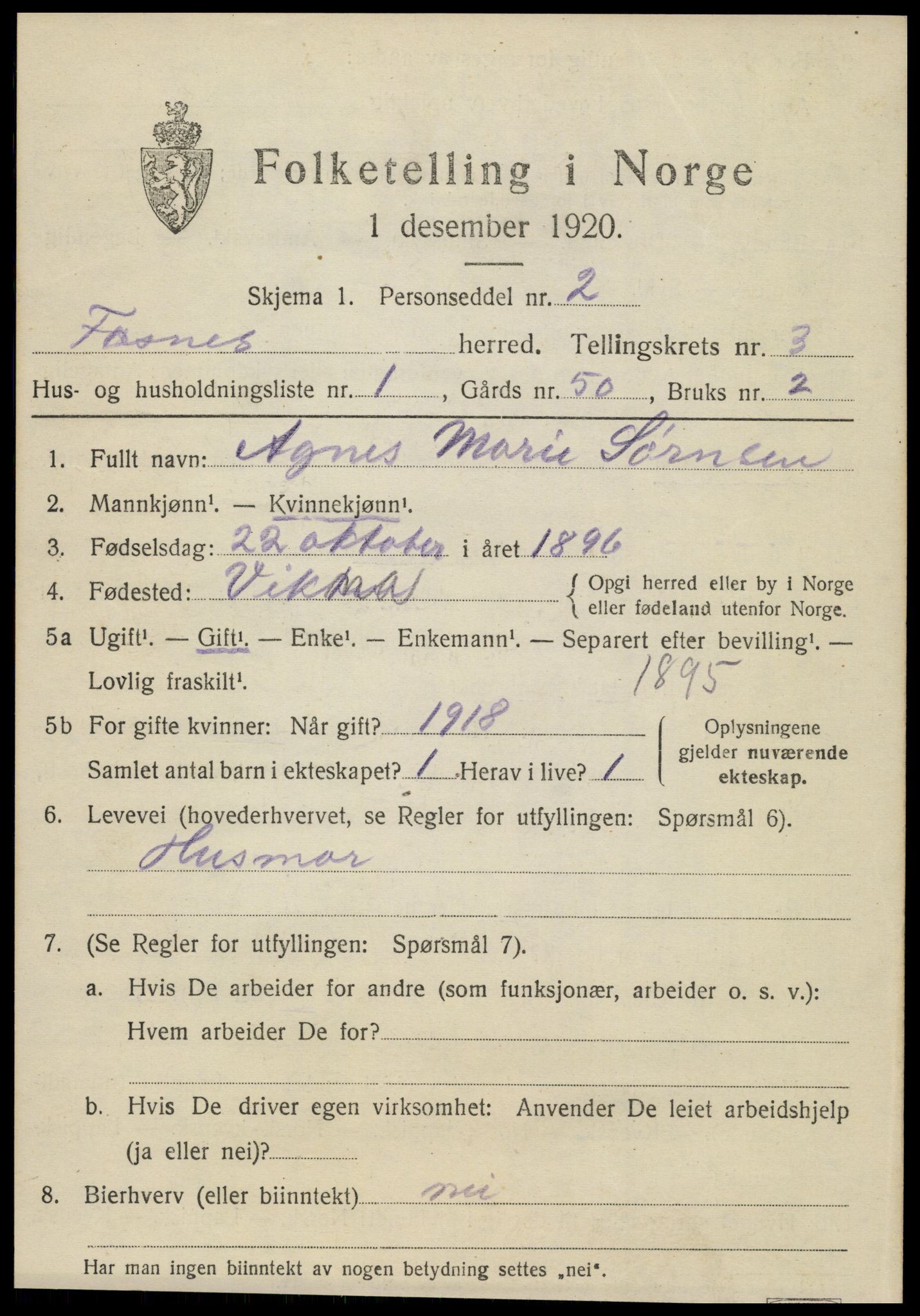 SAT, 1920 census for Fosnes, 1920, p. 1481