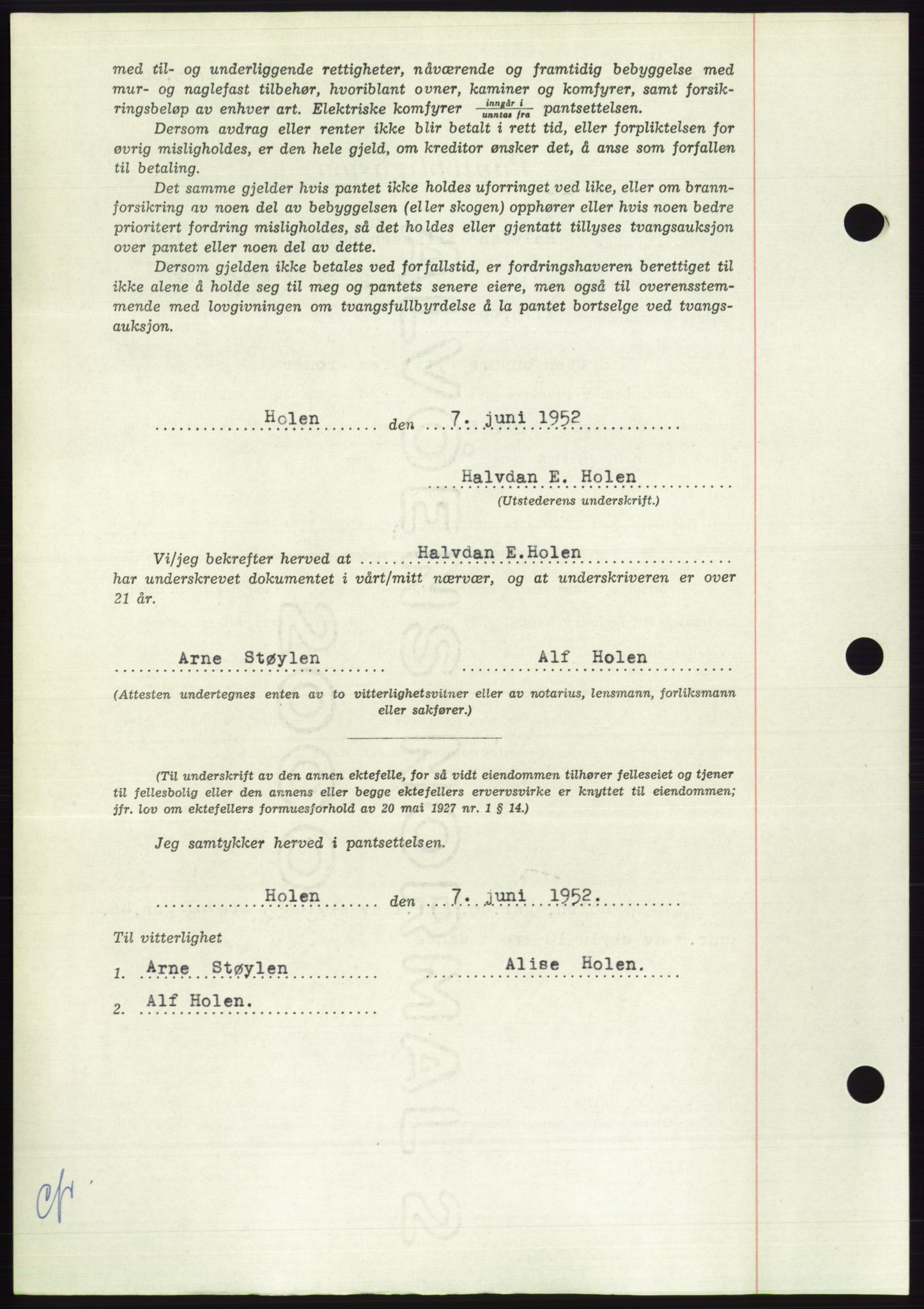 Søre Sunnmøre sorenskriveri, AV/SAT-A-4122/1/2/2C/L0121: Mortgage book no. 9B, 1951-1952, Diary no: : 1167/1952