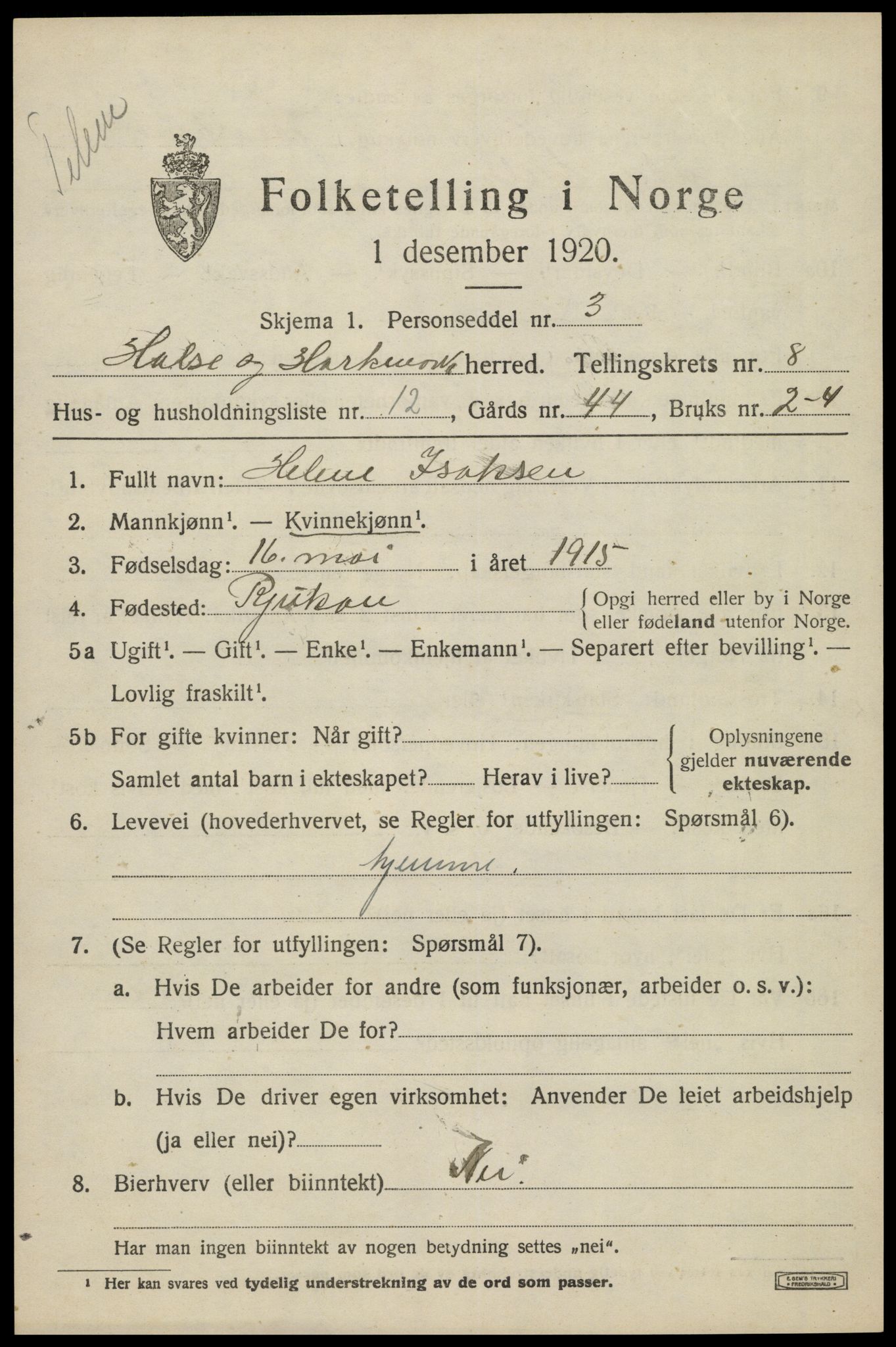 SAK, 1920 census for Halse og Harkmark, 1920, p. 4435