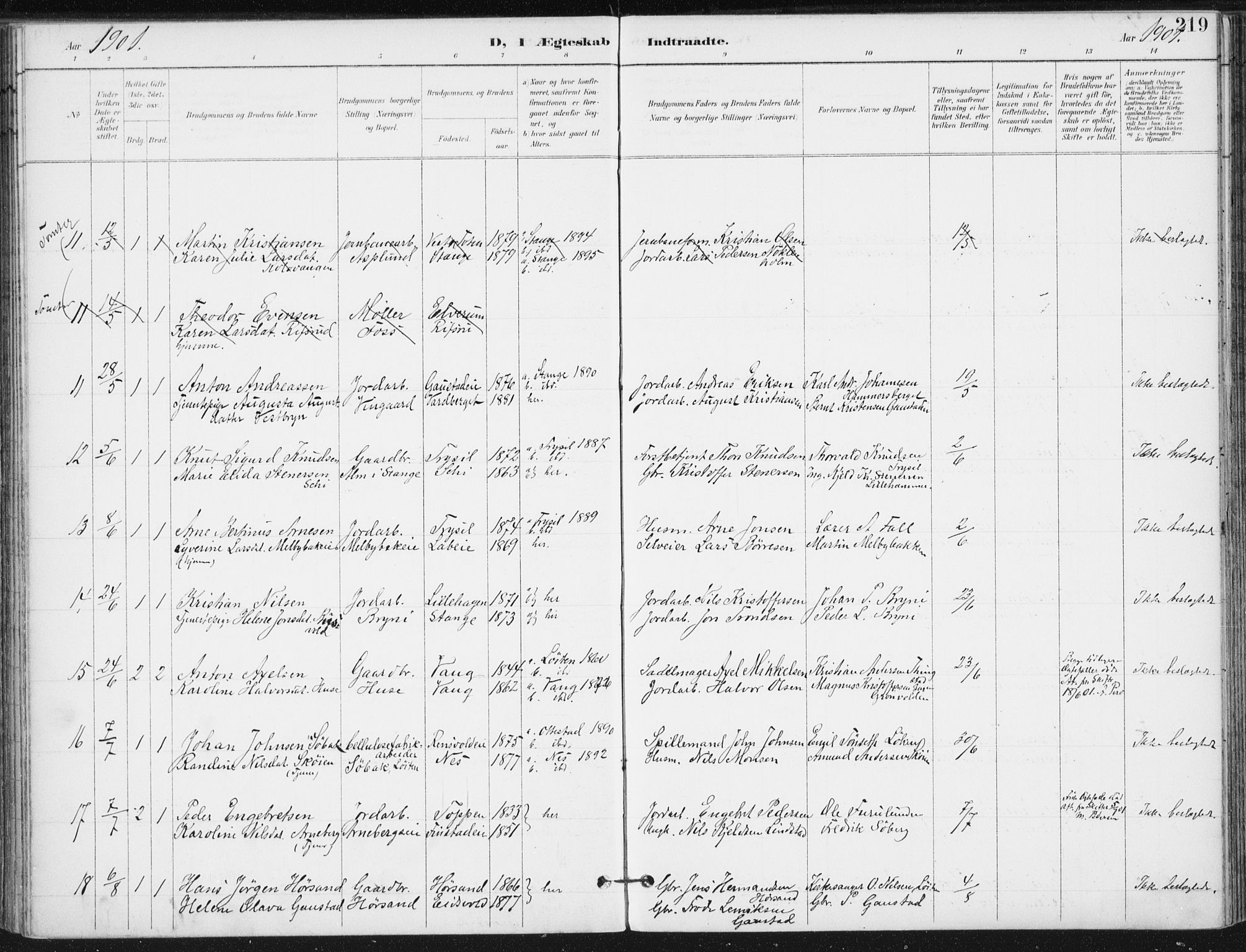 Romedal prestekontor, SAH/PREST-004/K/L0011: Parish register (official) no. 11, 1896-1912, p. 219