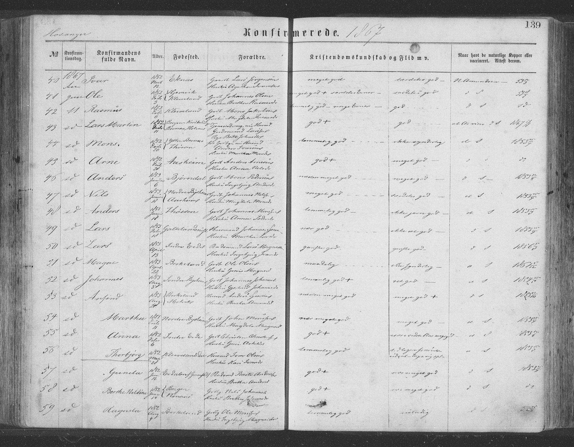 Hosanger sokneprestembete, AV/SAB-A-75801/H/Haa: Parish register (official) no. A 9, 1864-1876, p. 139