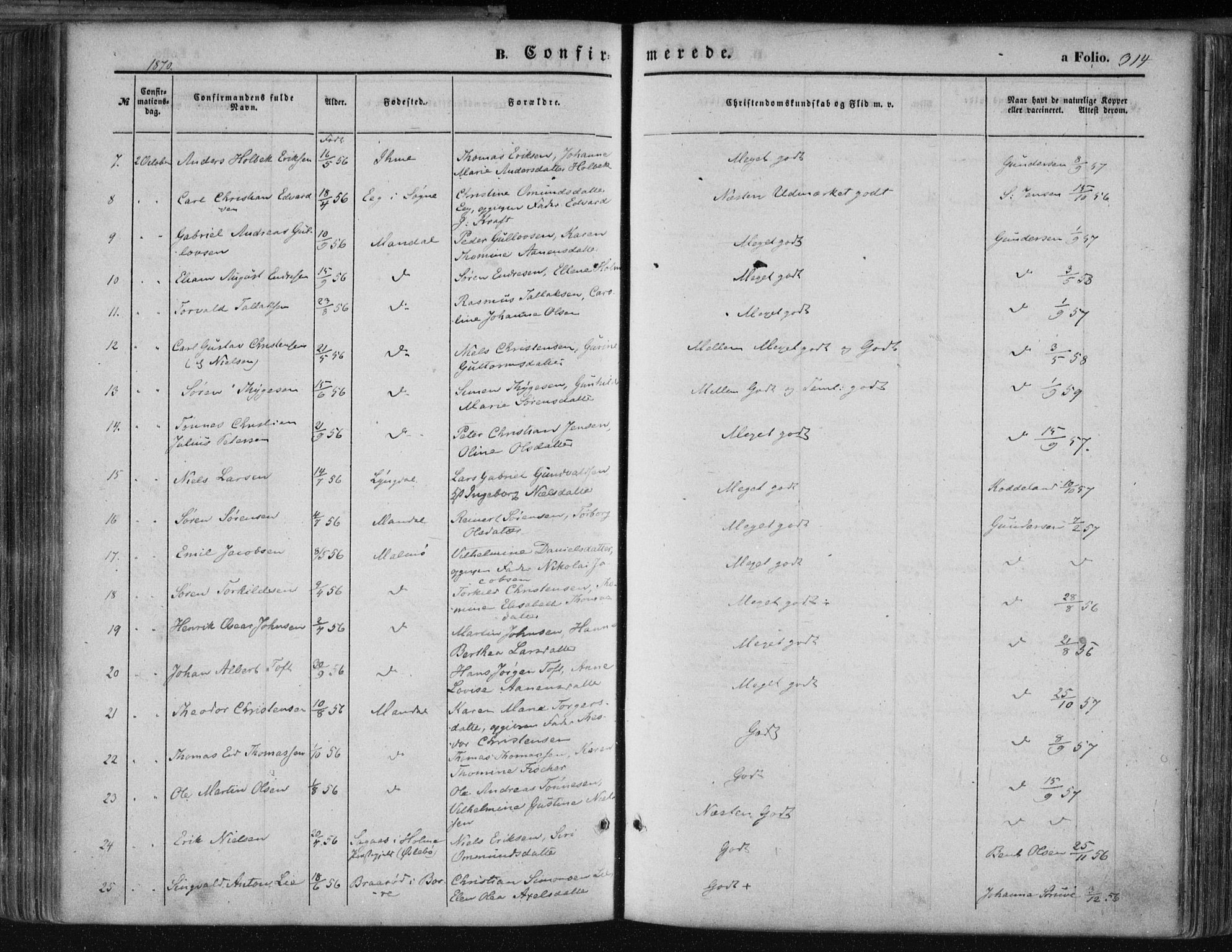 Mandal sokneprestkontor, AV/SAK-1111-0030/F/Fa/Faa/L0014: Parish register (official) no. A 14, 1859-1872, p. 314