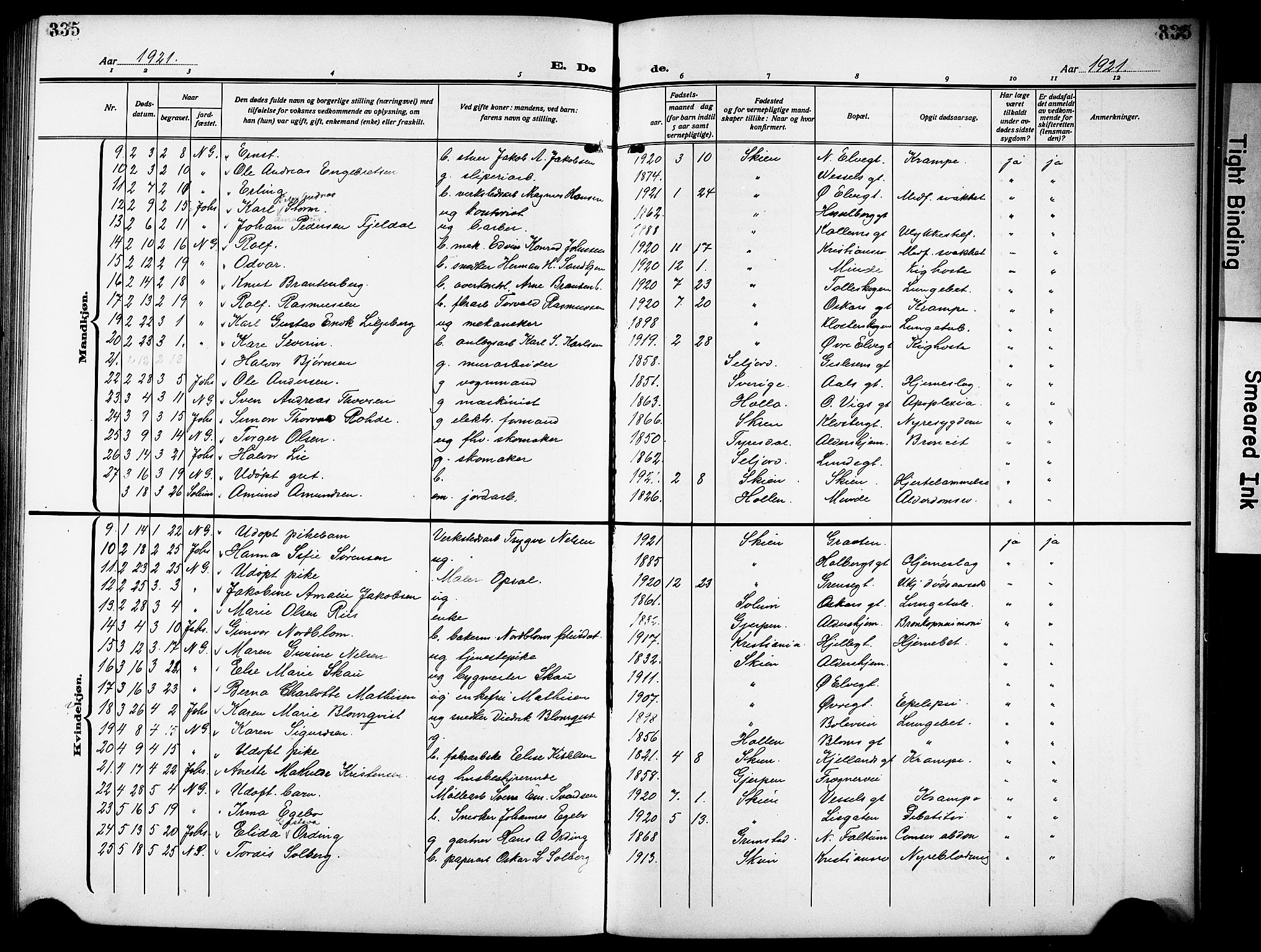 Skien kirkebøker, SAKO/A-302/G/Ga/L0010: Parish register (copy) no. 10, 1920-1931, p. 335