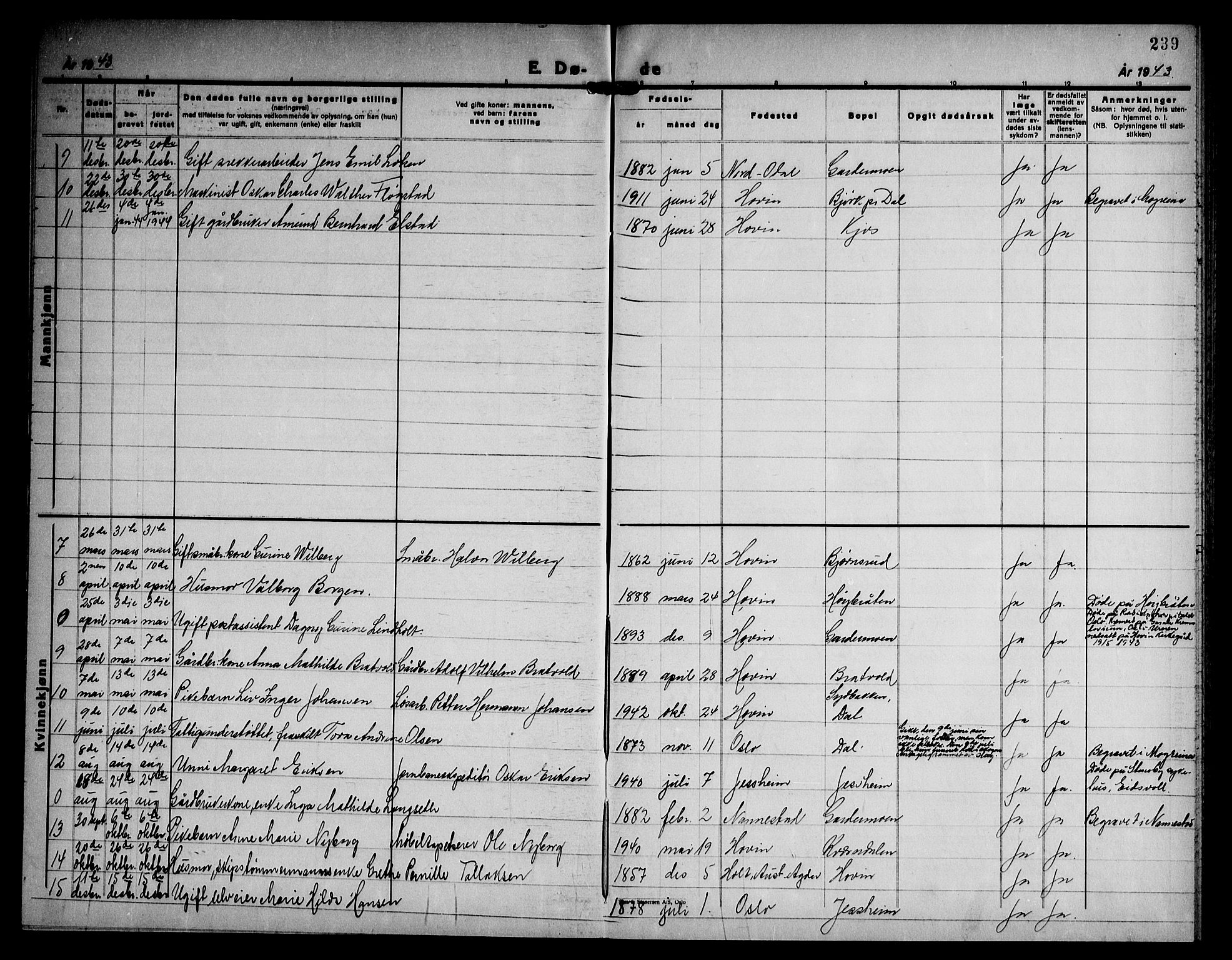 Ullensaker prestekontor Kirkebøker, AV/SAO-A-10236a/G/Gb/L0003: Parish register (copy) no. II 3, 1940-1951, p. 239