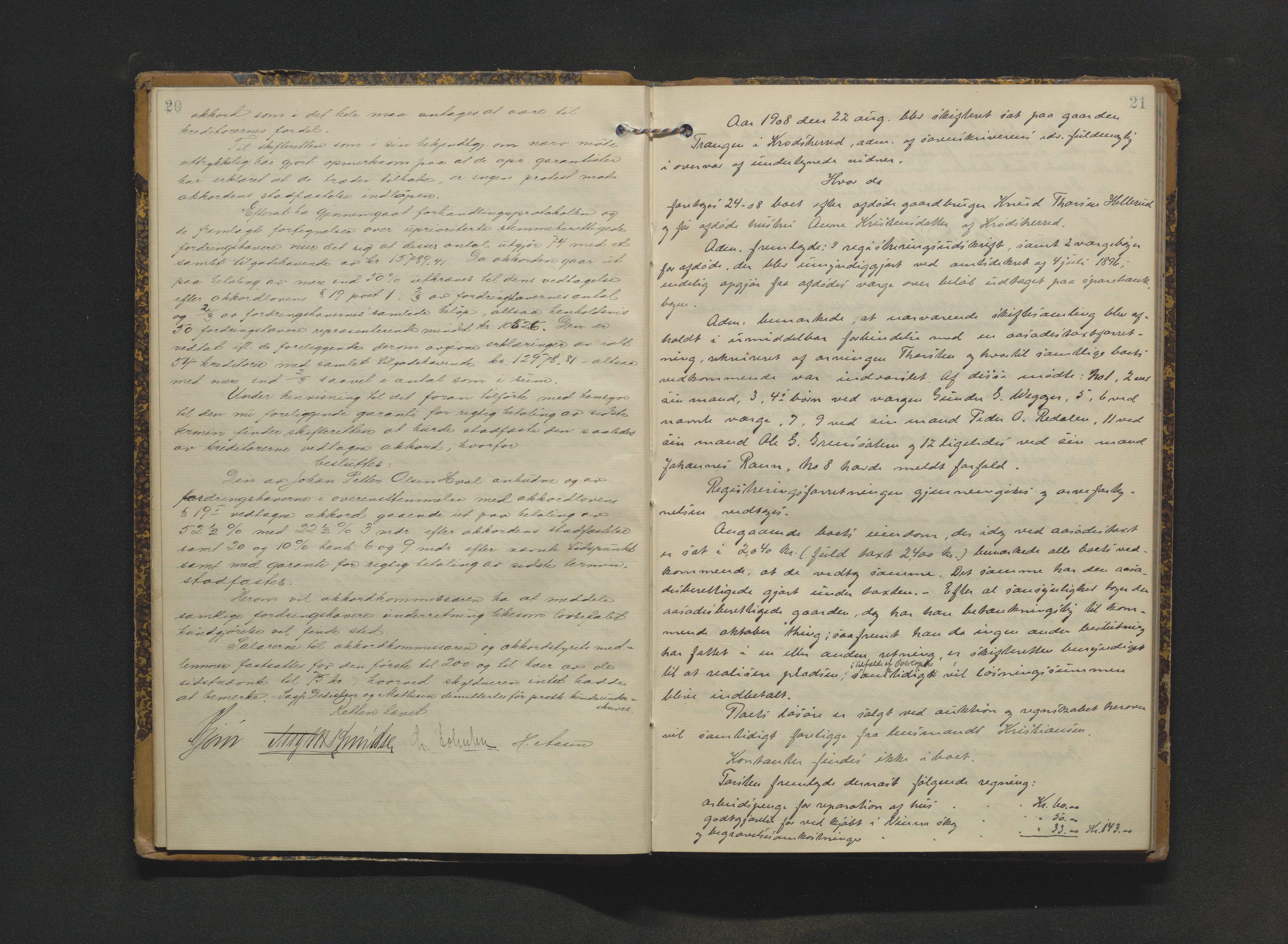 Eiker, Modum og Sigdal sorenskriveri, AV/SAKO-A-123/H/Hb/Hbb/Hbbd/L0006: Registrerings- og forhandlingsprotokoll, 1908-1912, p. 20-21