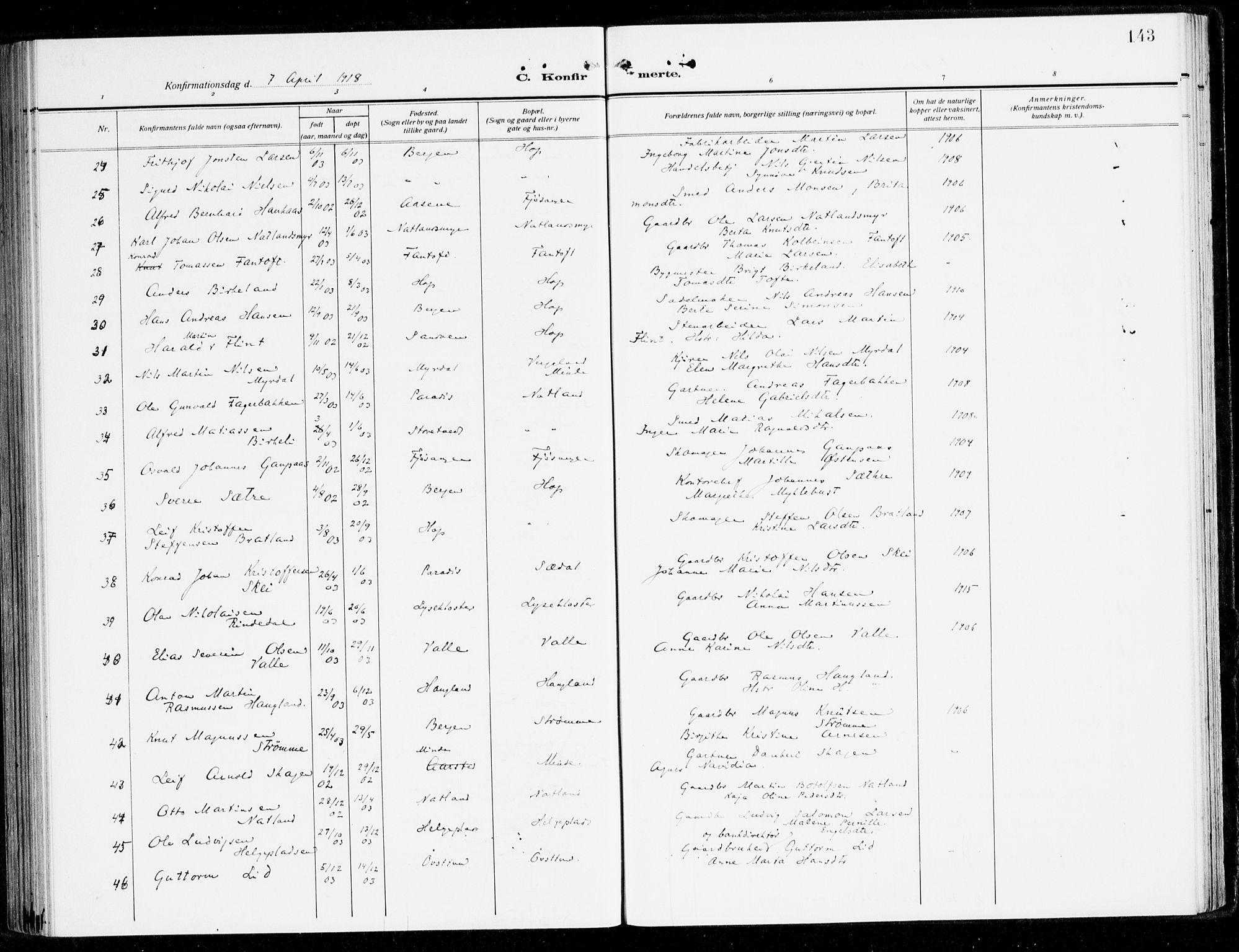 Fana Sokneprestembete, SAB/A-75101/H/Haa/Haai/L0004: Parish register (official) no. I 4, 1912-1933, p. 143