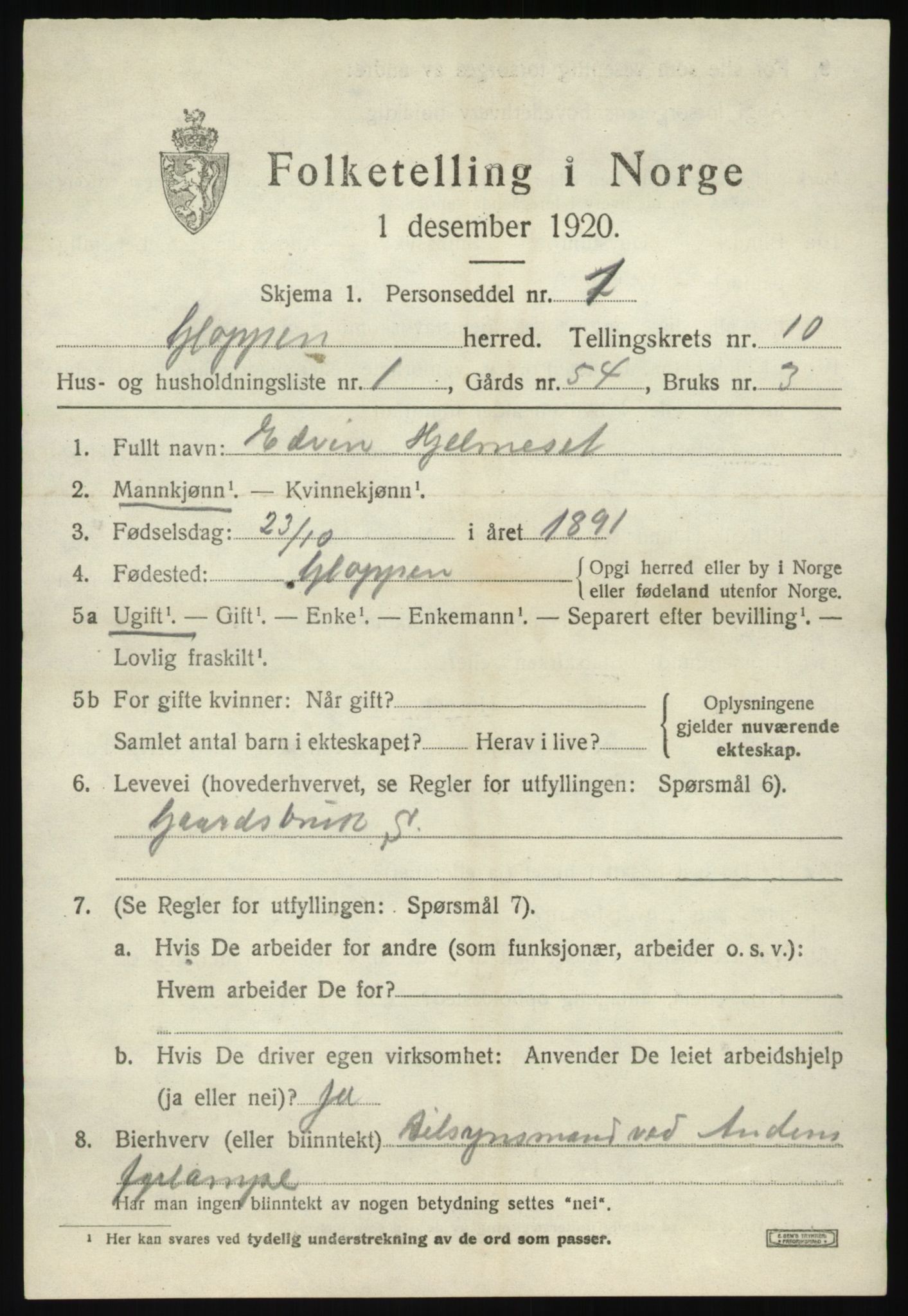 SAB, 1920 census for Gloppen, 1920, p. 5208