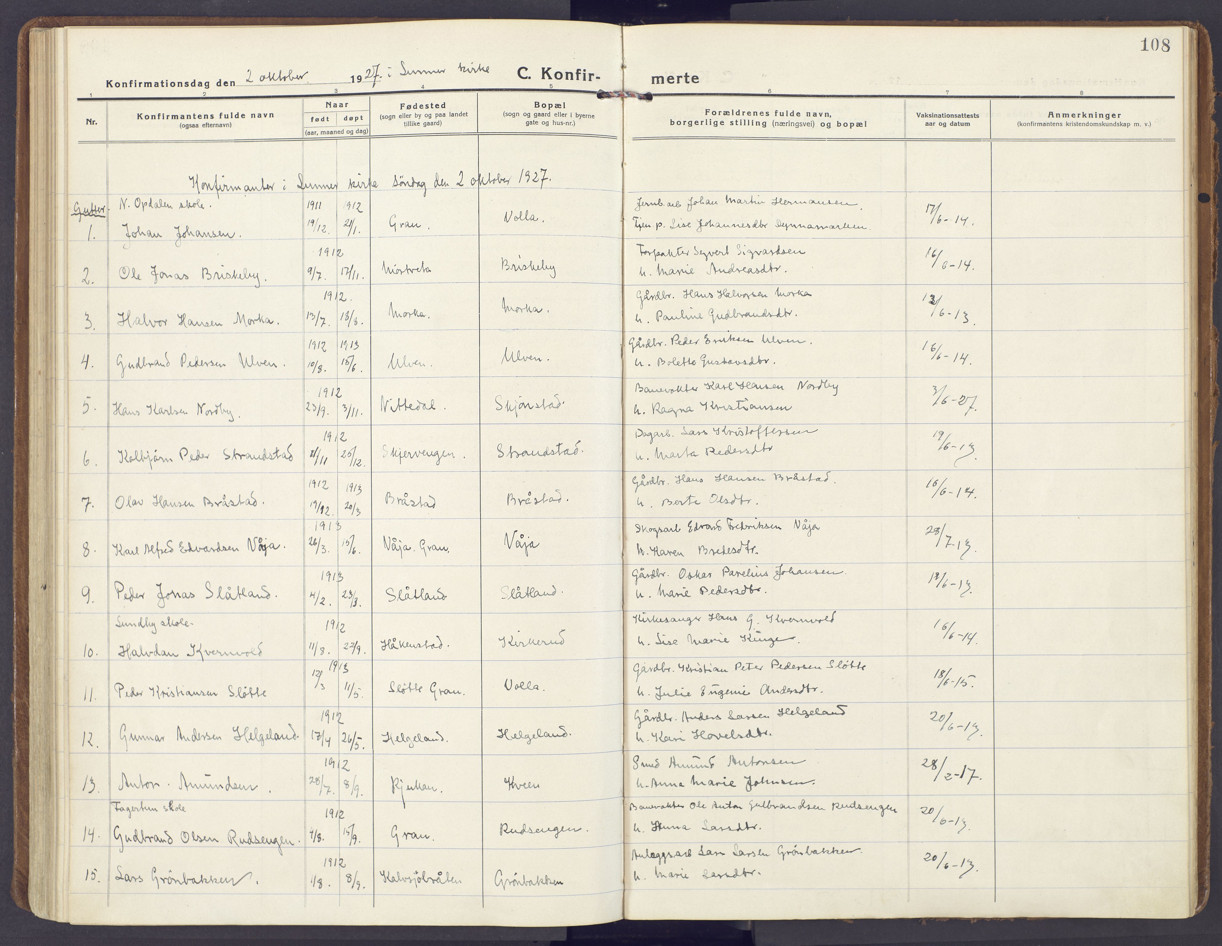 Lunner prestekontor, SAH/PREST-118/H/Ha/Haa/L0002: Parish register (official) no. 2, 1922-1931, p. 108