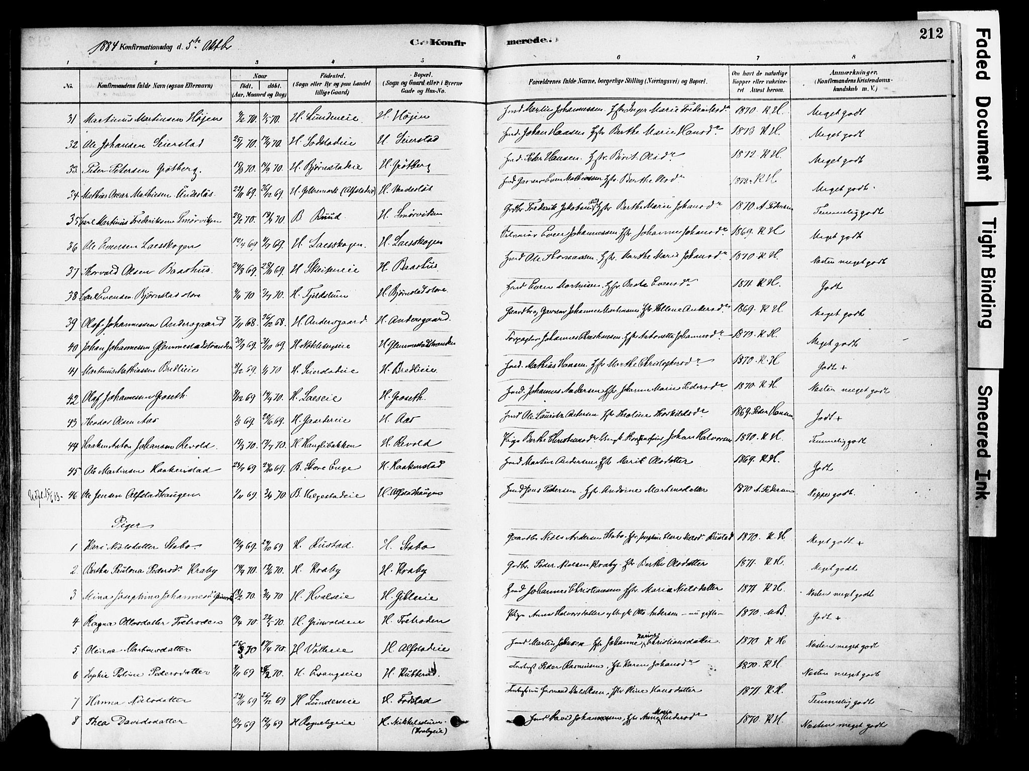 Østre Toten prestekontor, SAH/PREST-104/H/Ha/Haa/L0006: Parish register (official) no. 6 /1, 1878-1896, p. 212