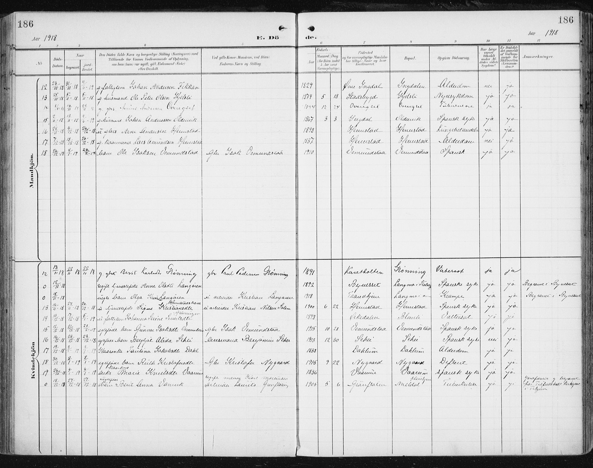 Ministerialprotokoller, klokkerbøker og fødselsregistre - Sør-Trøndelag, SAT/A-1456/646/L0616: Parish register (official) no. 646A14, 1900-1918, p. 186