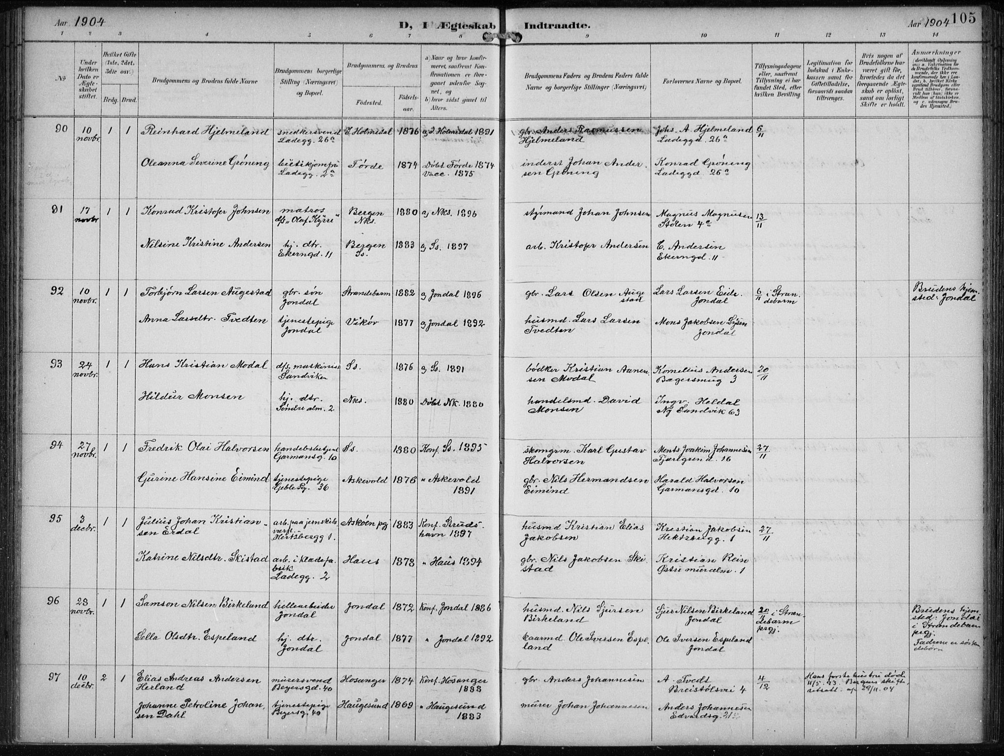 Sandviken Sokneprestembete, SAB/A-77601/H/Ha/L0014: Parish register (official) no. D 1, 1896-1911, p. 105