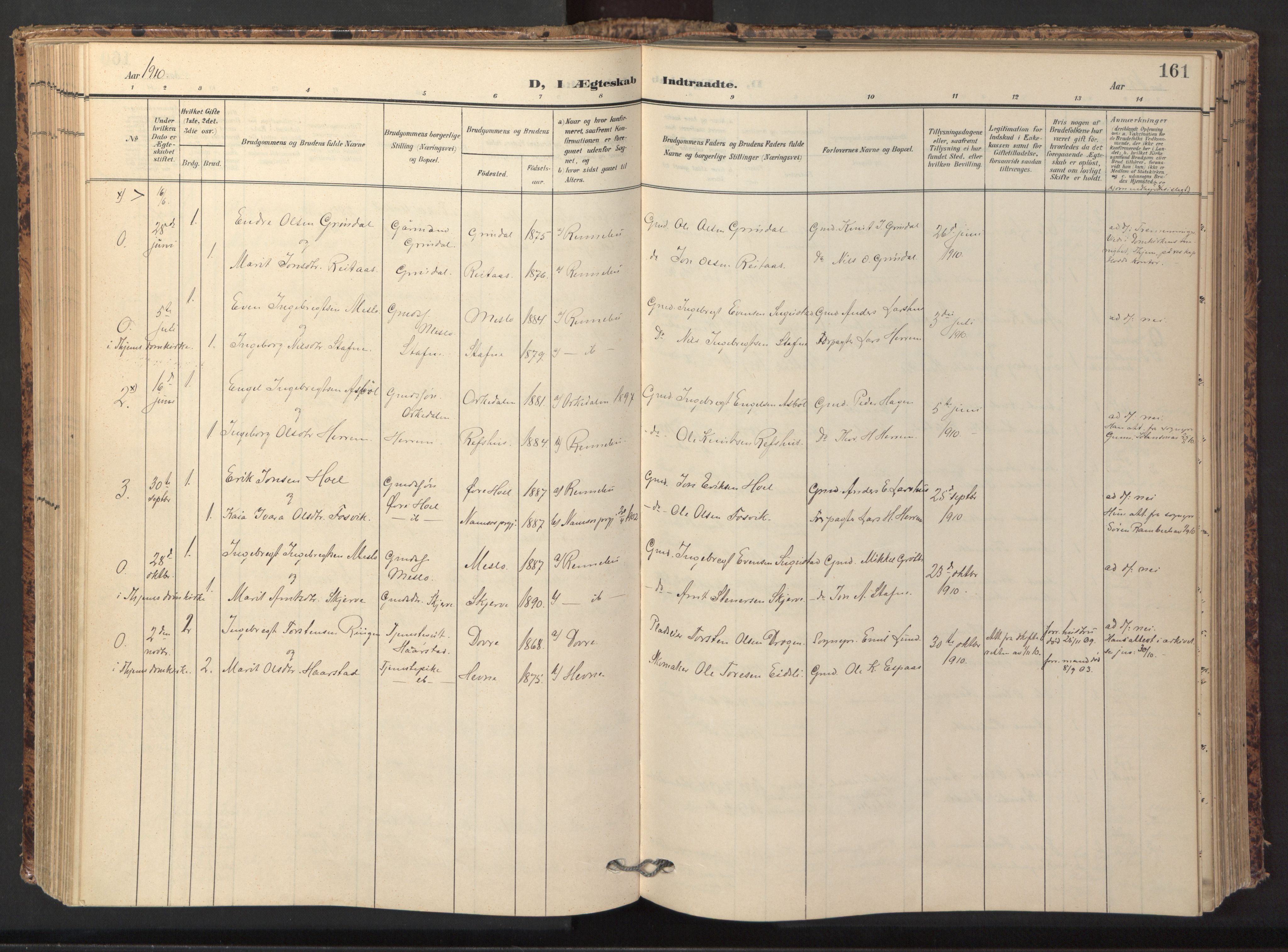 Ministerialprotokoller, klokkerbøker og fødselsregistre - Sør-Trøndelag, SAT/A-1456/674/L0873: Parish register (official) no. 674A05, 1908-1923, p. 161