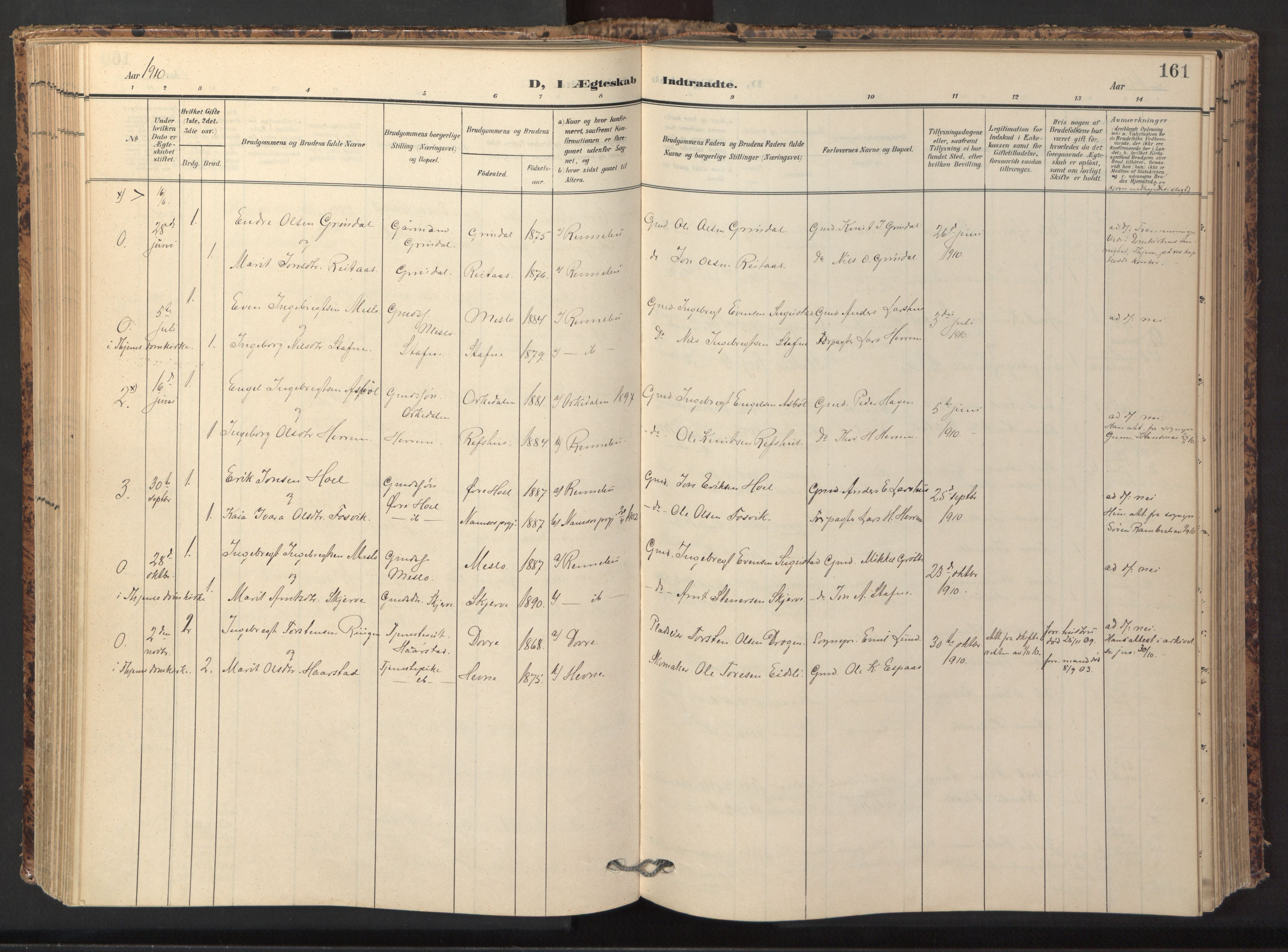 Ministerialprotokoller, klokkerbøker og fødselsregistre - Sør-Trøndelag, AV/SAT-A-1456/674/L0873: Parish register (official) no. 674A05, 1908-1923, p. 161