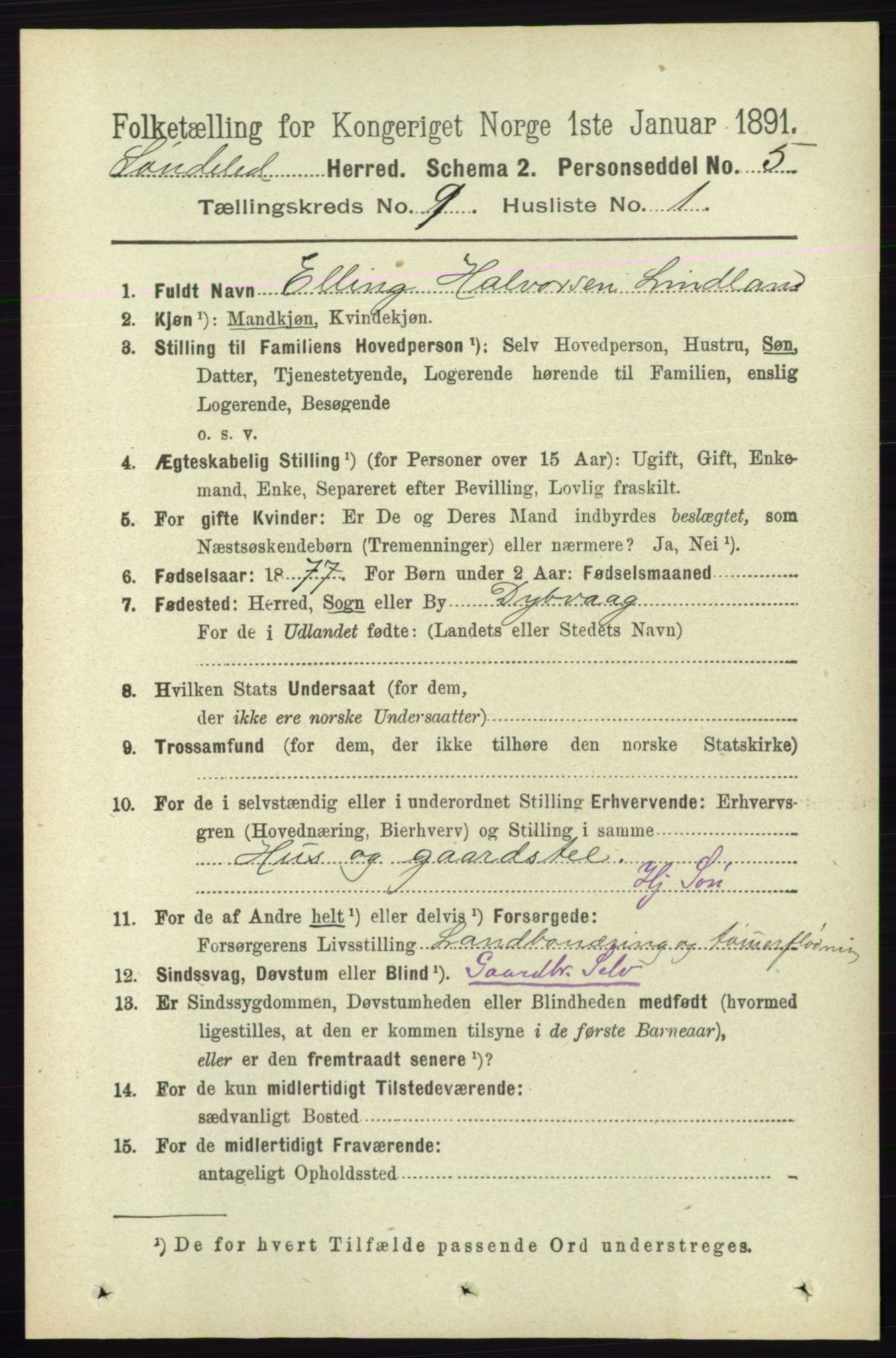 RA, 1891 census for 0913 Søndeled, 1891, p. 2866