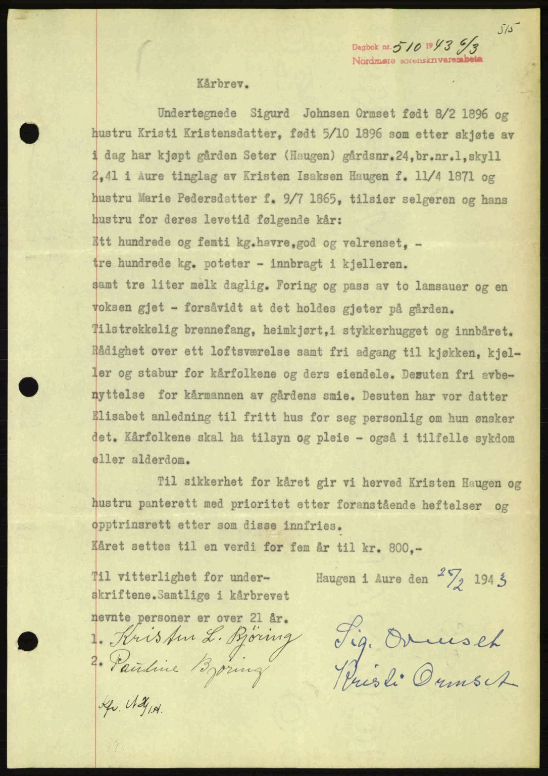 Nordmøre sorenskriveri, AV/SAT-A-4132/1/2/2Ca: Mortgage book no. B90, 1942-1943, Diary no: : 510/1943