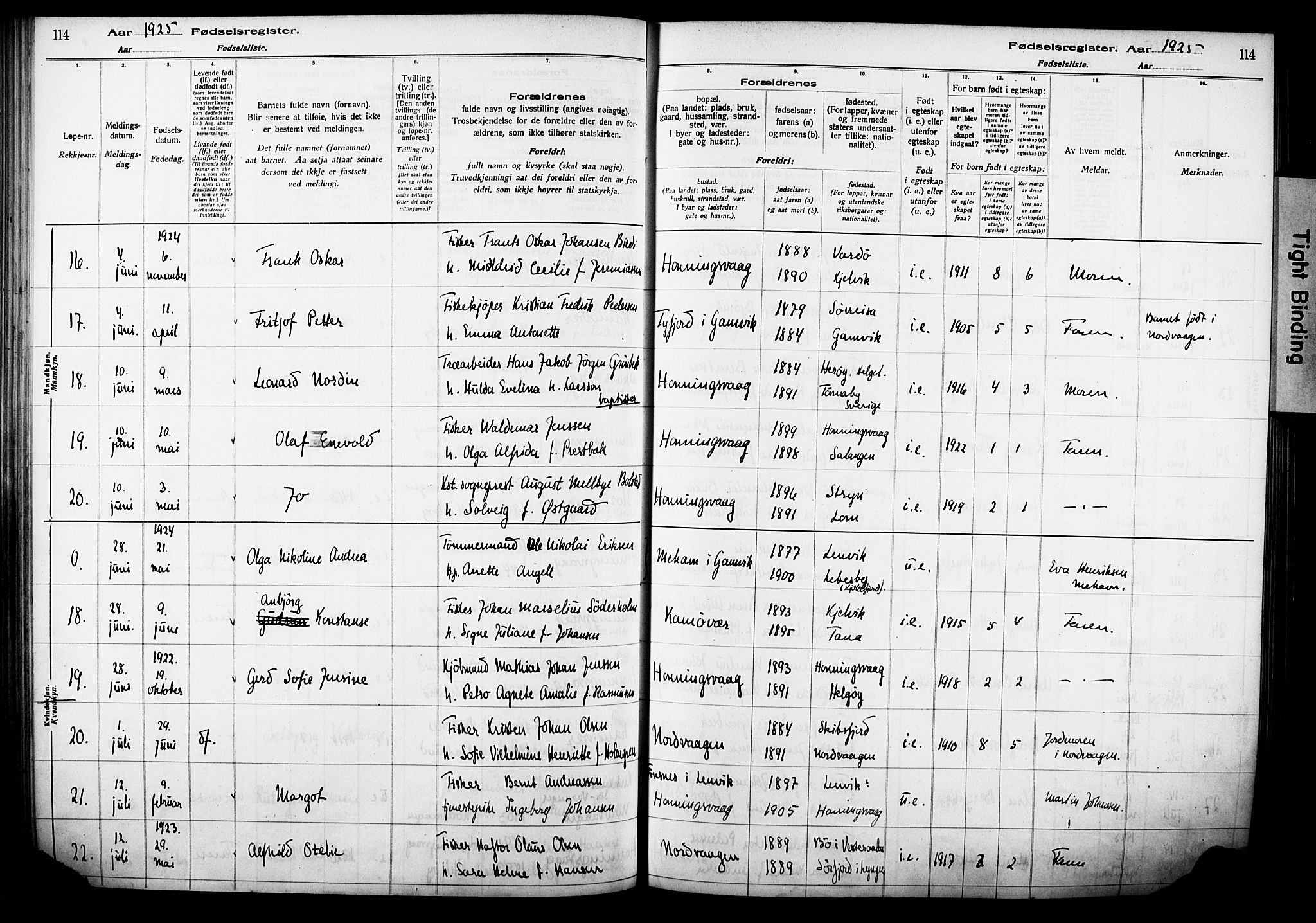 Kjelvik/Nordkapp sokneprestkontor, AV/SATØ-S-1350/I/Ia/L0015: Birth register no. 15, 1916-1930, p. 114