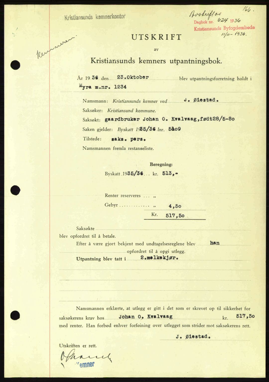 Kristiansund byfogd, AV/SAT-A-4587/A/27: Mortgage book no. 29, 1936-1937, Diary no: : 624/1936