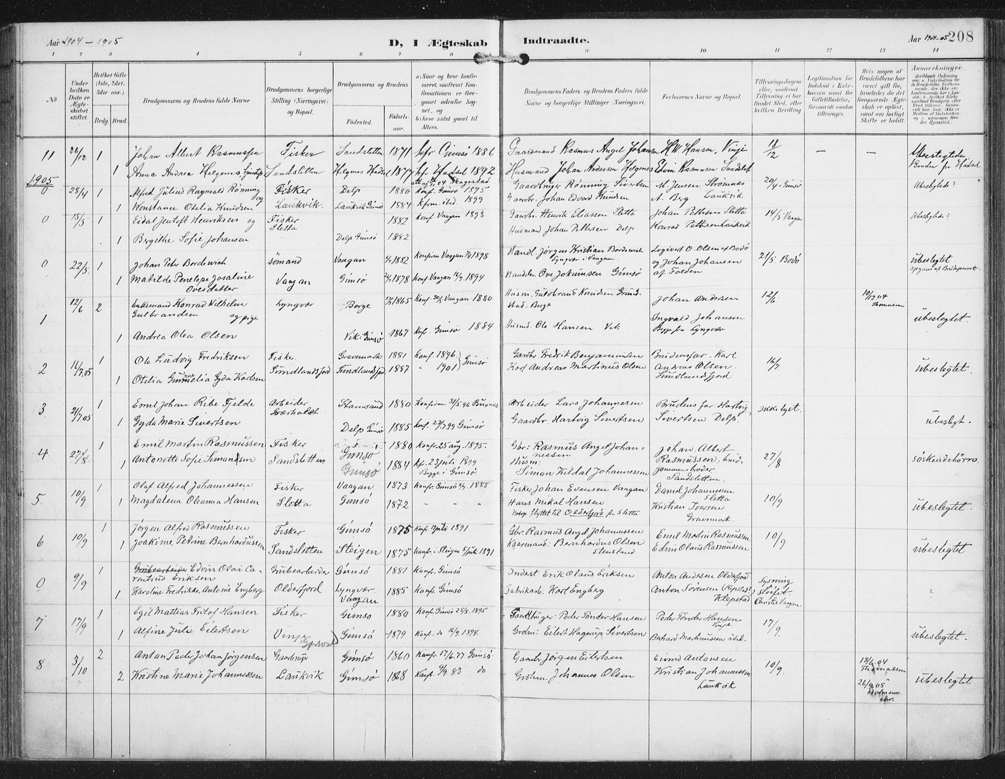 Ministerialprotokoller, klokkerbøker og fødselsregistre - Nordland, SAT/A-1459/876/L1098: Parish register (official) no. 876A04, 1896-1915, p. 208
