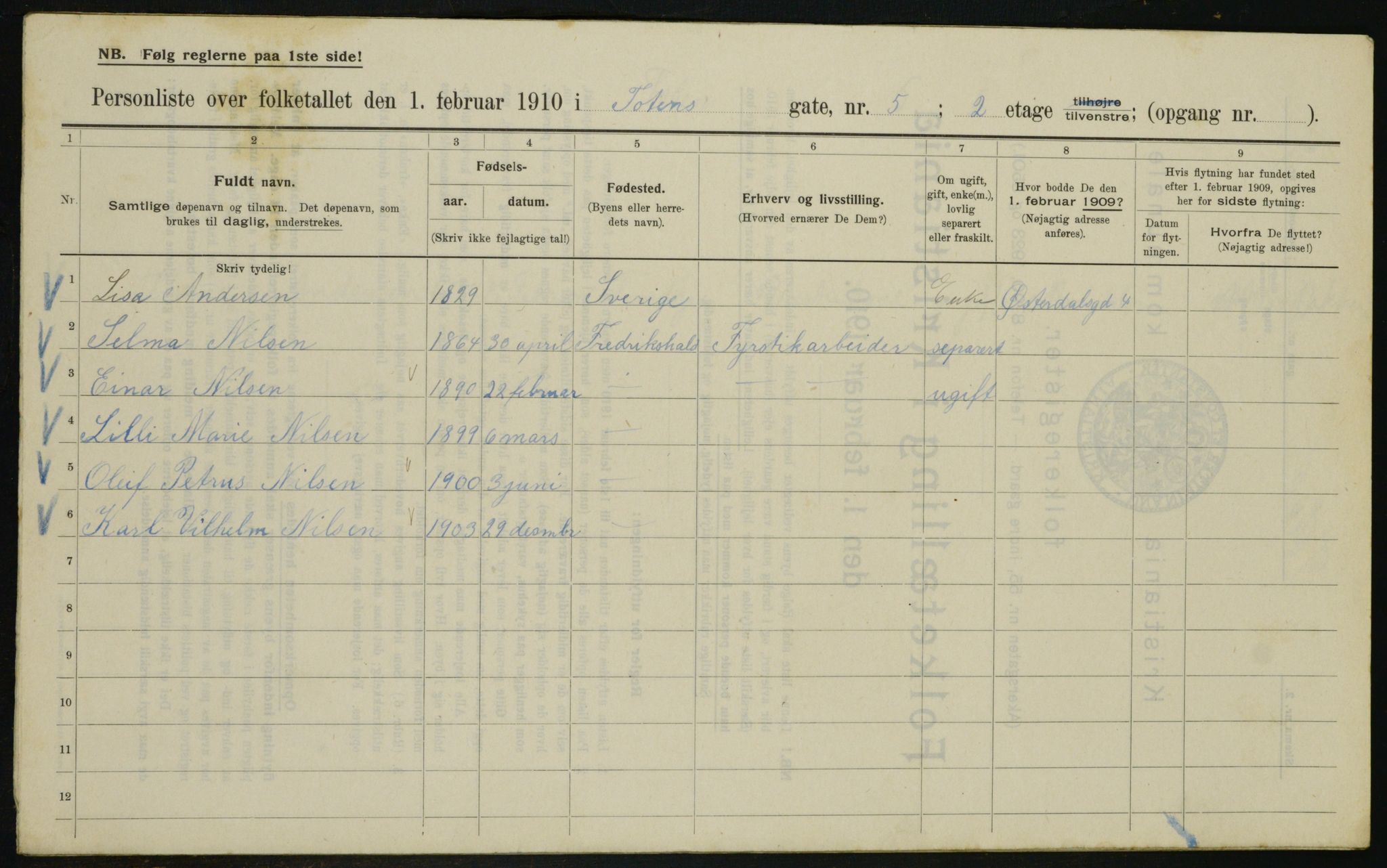 OBA, Municipal Census 1910 for Kristiania, 1910, p. 109558