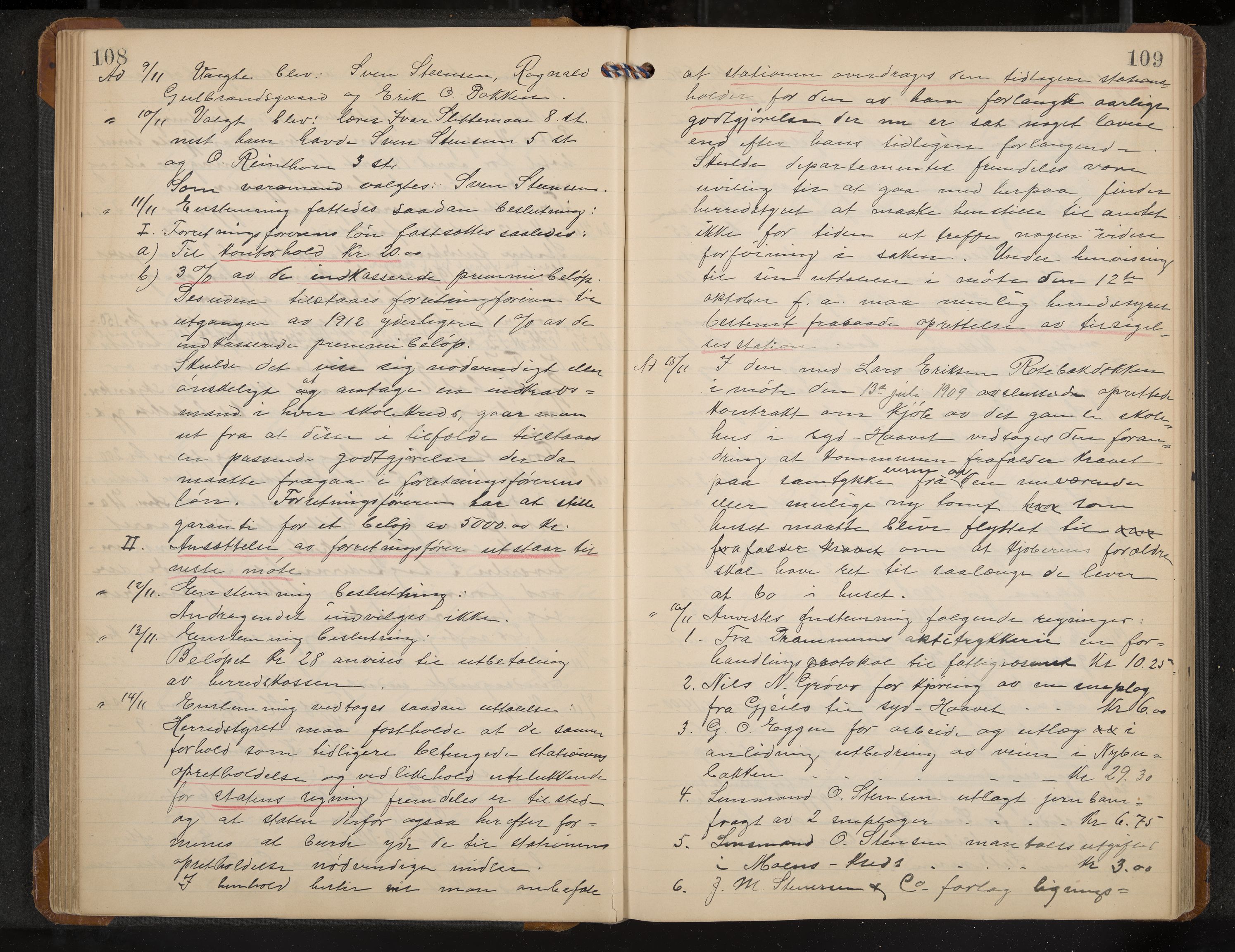 Hol formannskap og sentraladministrasjon, IKAK/0620021-1/A/L0005: Møtebok, 1909-1915, p. 108-109