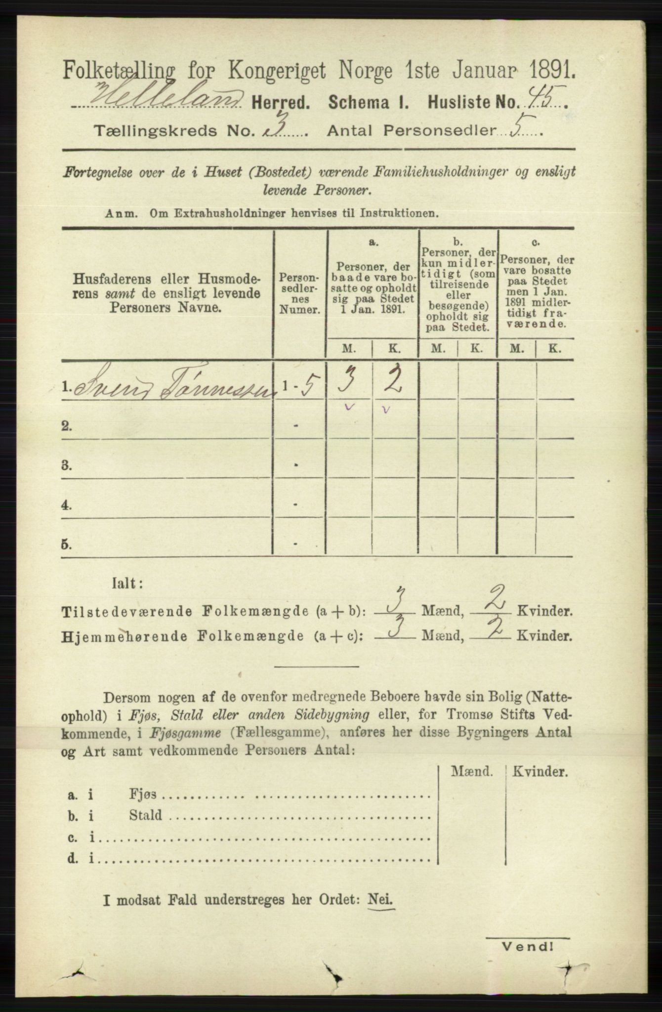 RA, 1891 census for 1115 Helleland, 1891, p. 834