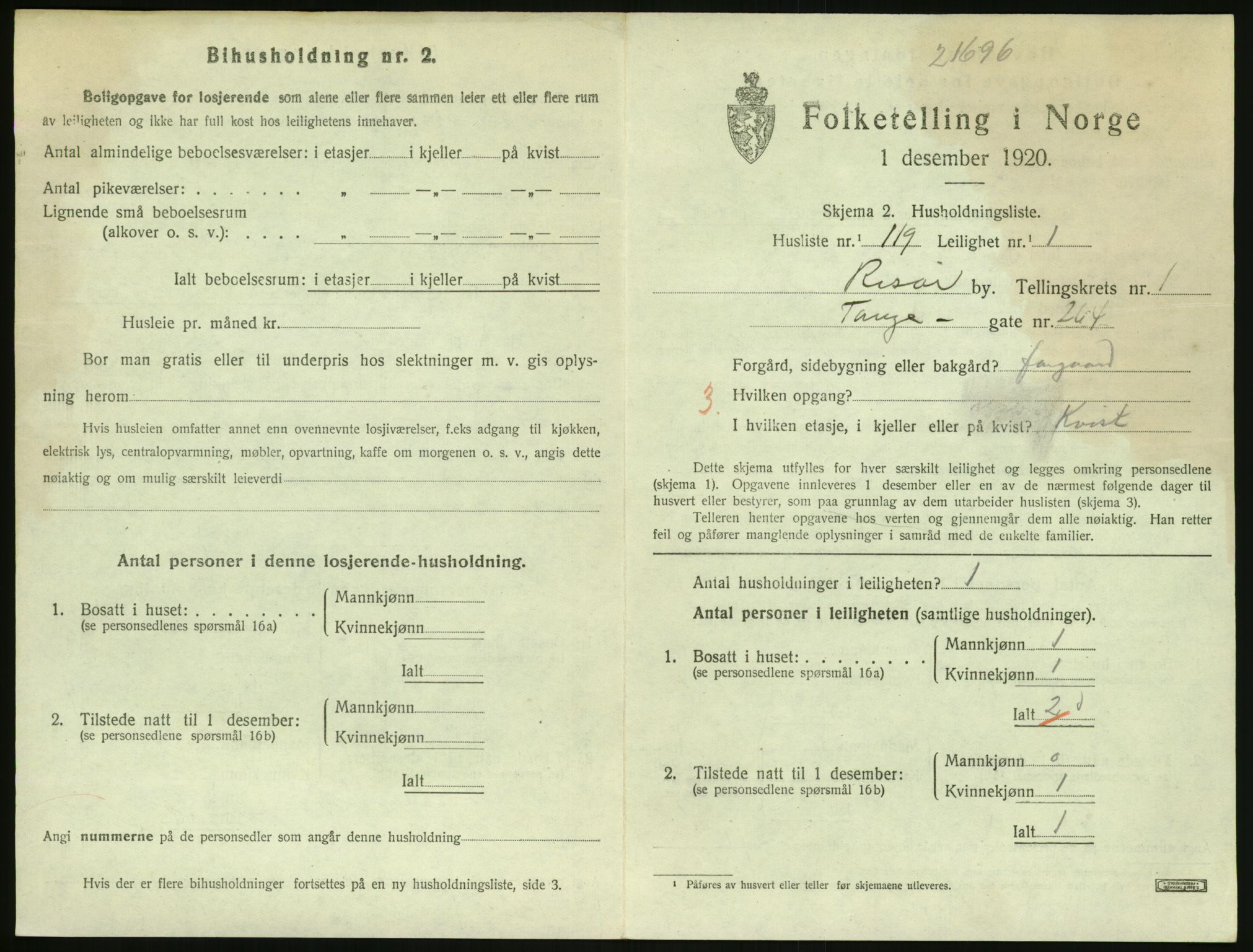 SAK, 1920 census for Risør, 1920, p. 1639