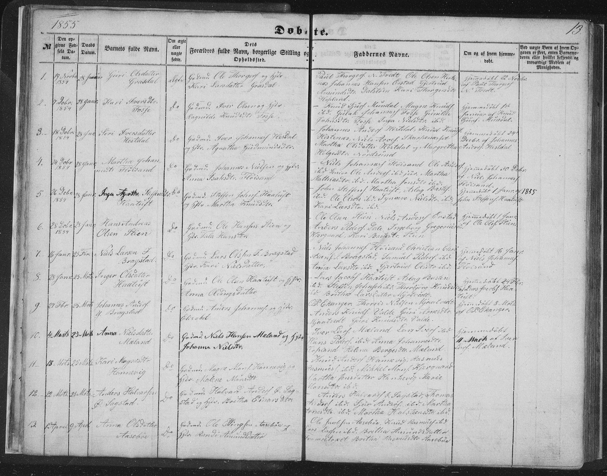 Alversund Sokneprestembete, SAB/A-73901/H/Ha/Hab: Parish register (copy) no. C 1, 1851-1866, p. 13
