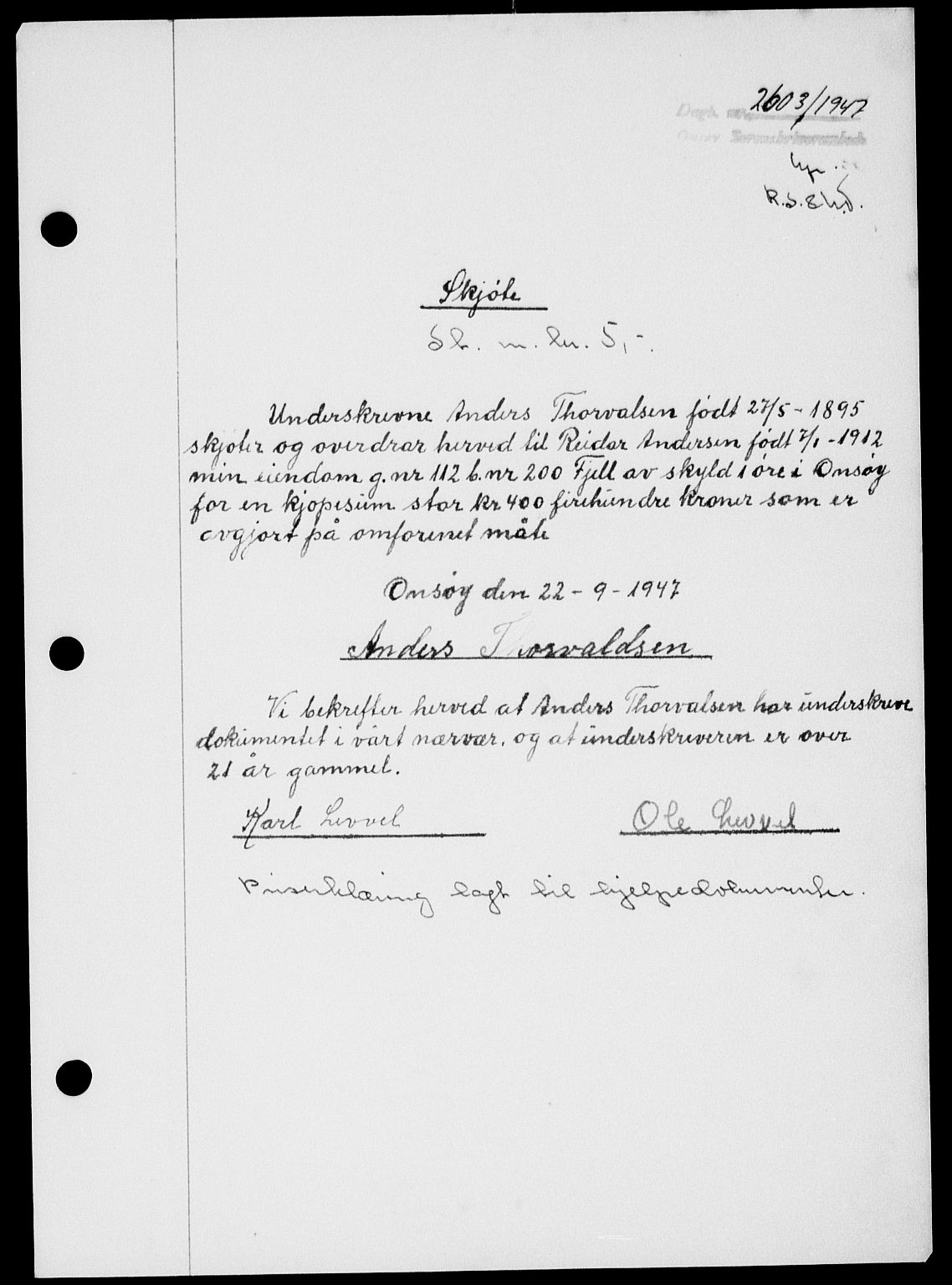 Onsøy sorenskriveri, SAO/A-10474/G/Ga/Gab/L0021: Mortgage book no. II A-21, 1947-1947, Diary no: : 2603/1947