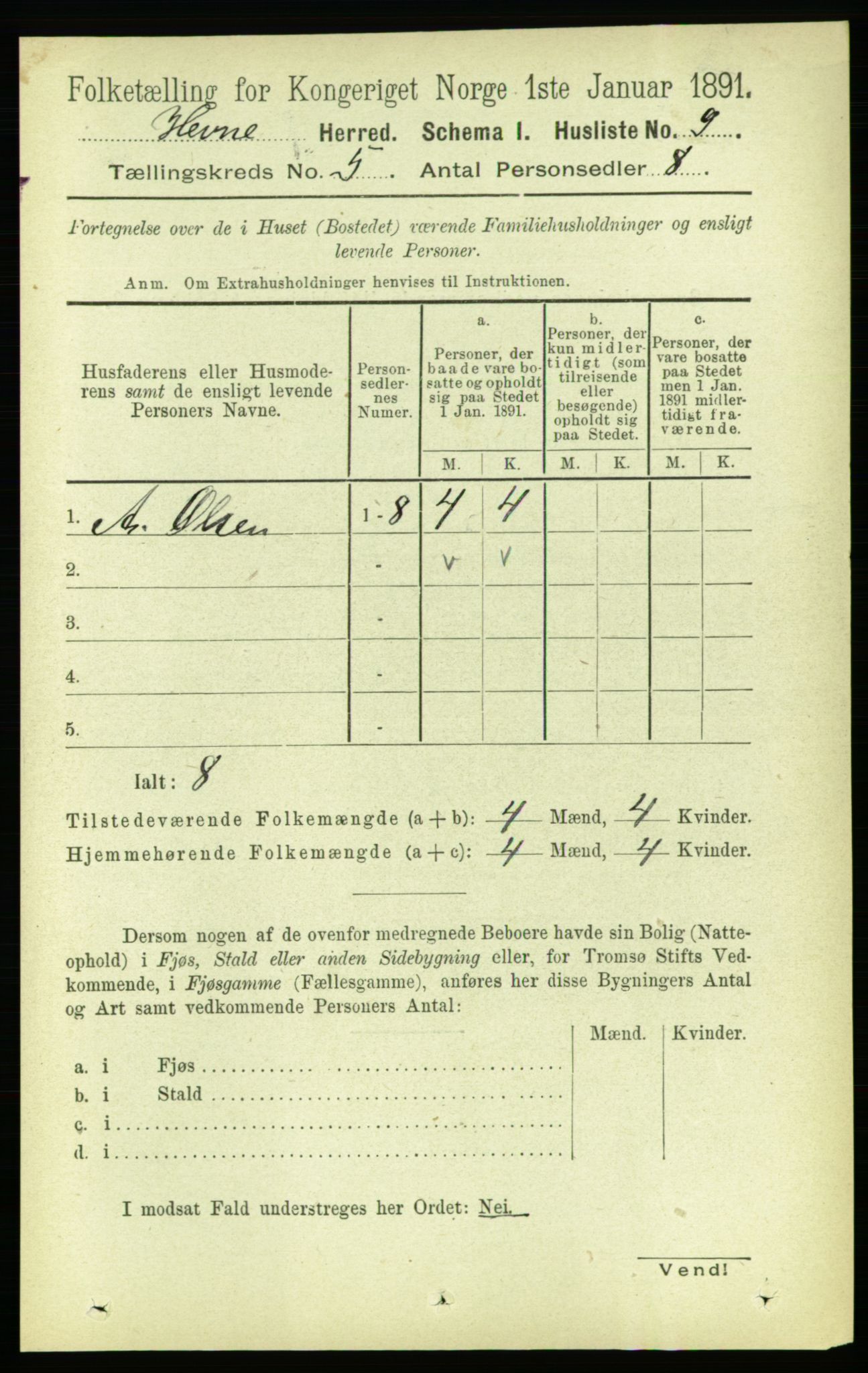 RA, 1891 census for 1612 Hemne, 1891, p. 2353