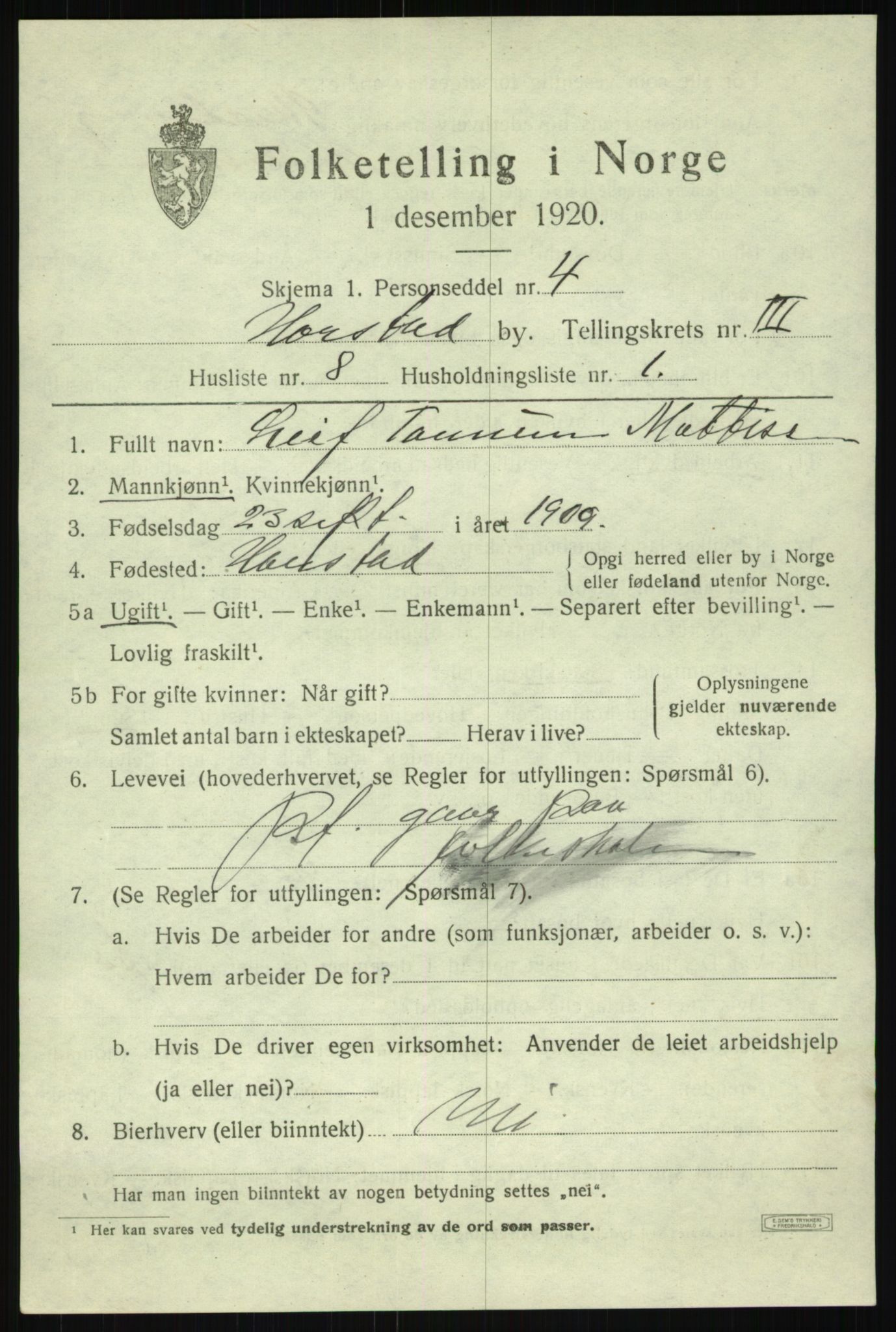 SATØ, 1920 census for Harstad, 1920, p. 4308