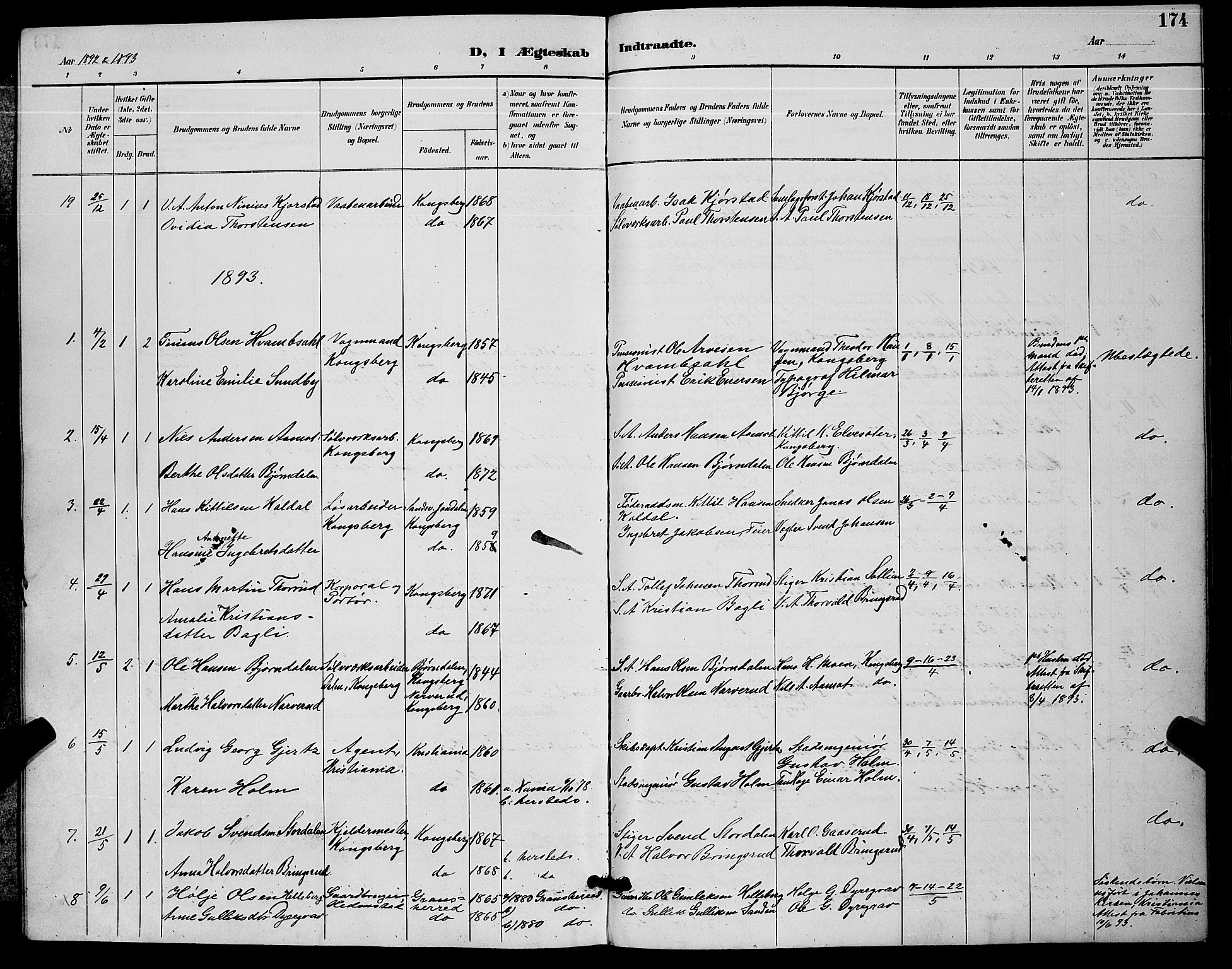 Kongsberg kirkebøker, AV/SAKO-A-22/G/Ga/L0006: Parish register (copy) no. 6, 1890-1901, p. 174