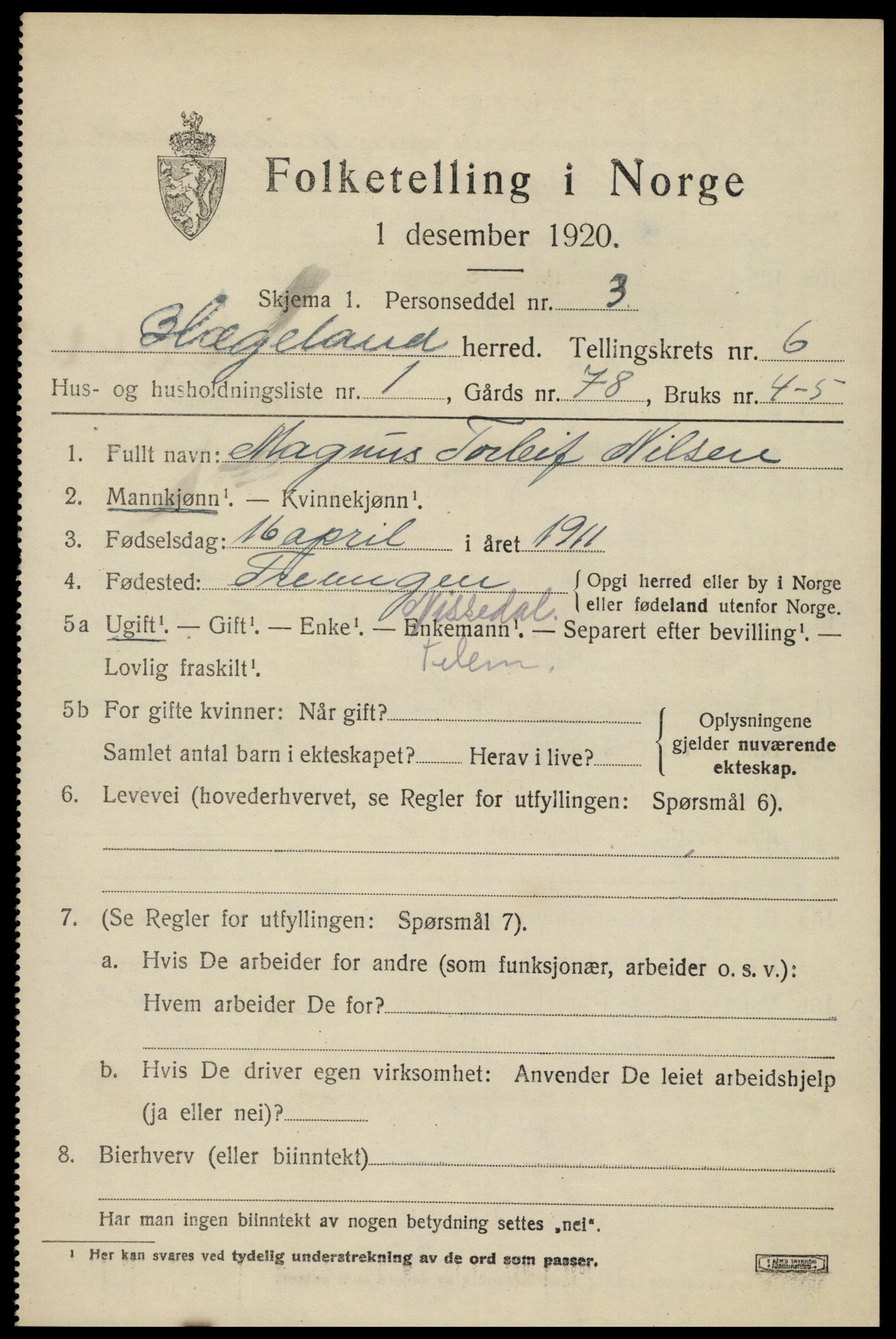 SAK, 1920 census for Hægeland, 1920, p. 2105