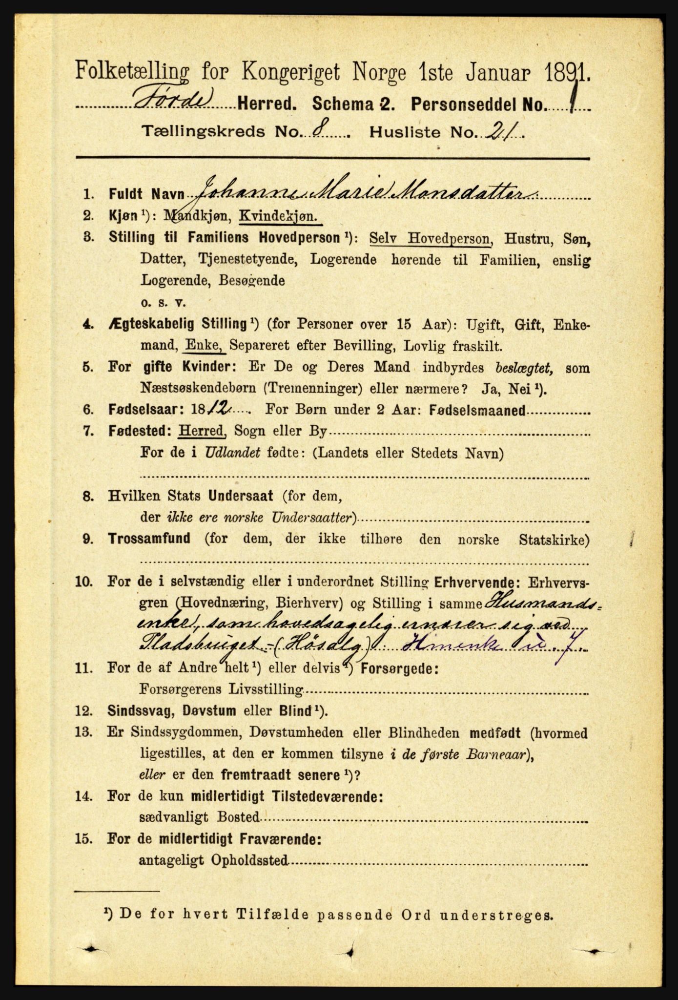 RA, 1891 census for 1432 Førde, 1891, p. 2998