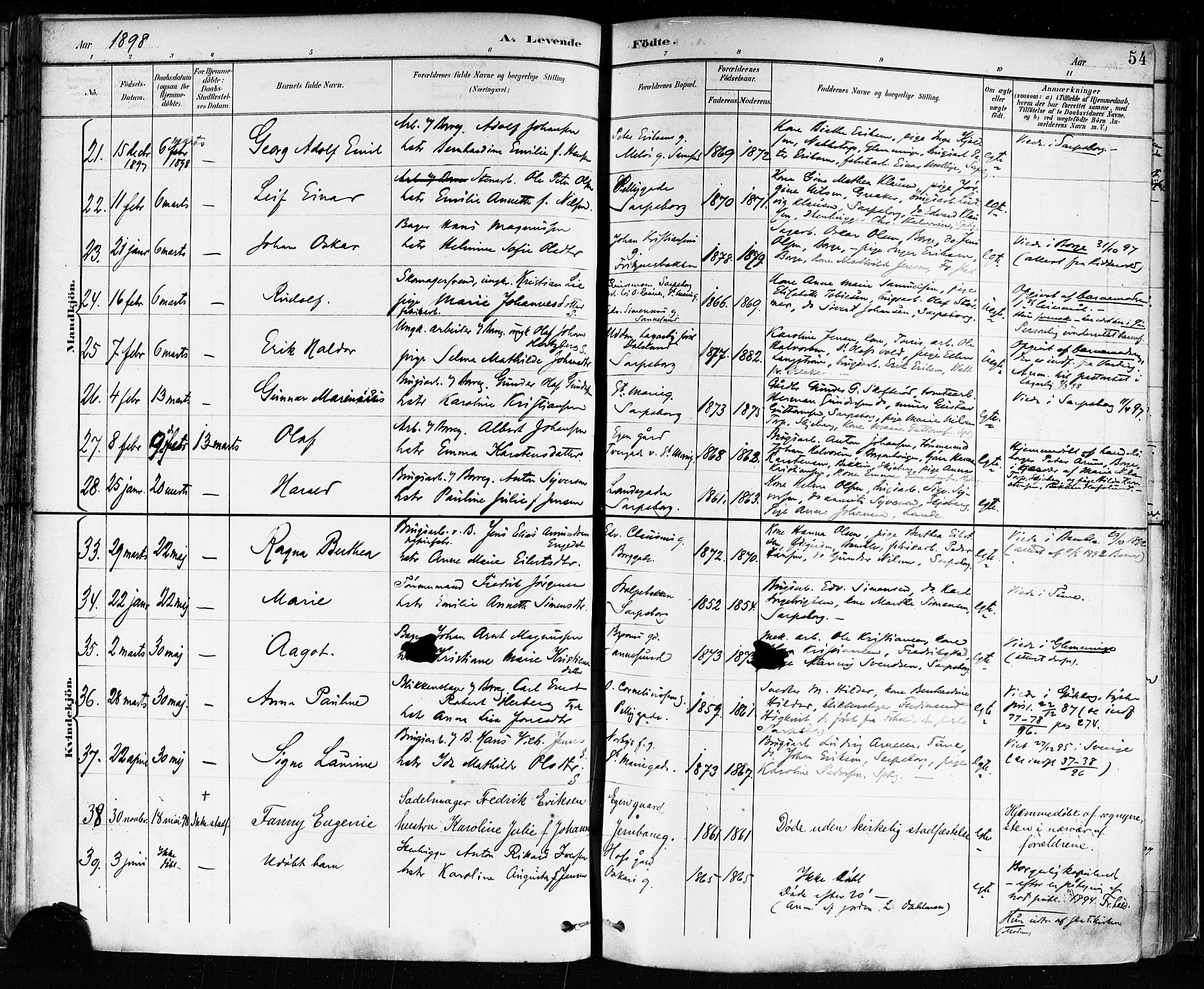 Sarpsborg prestekontor Kirkebøker, AV/SAO-A-2006/F/Fa/L0004: Parish register (official) no. 4, 1892-1899, p. 54