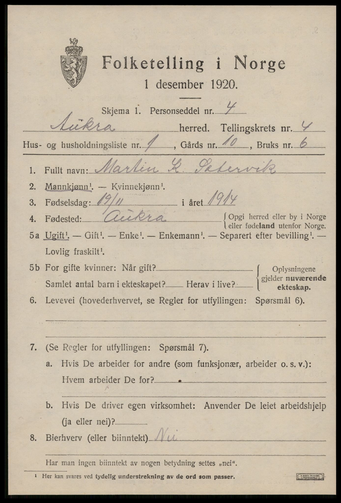 SAT, 1920 census for Aukra, 1920, p. 2697