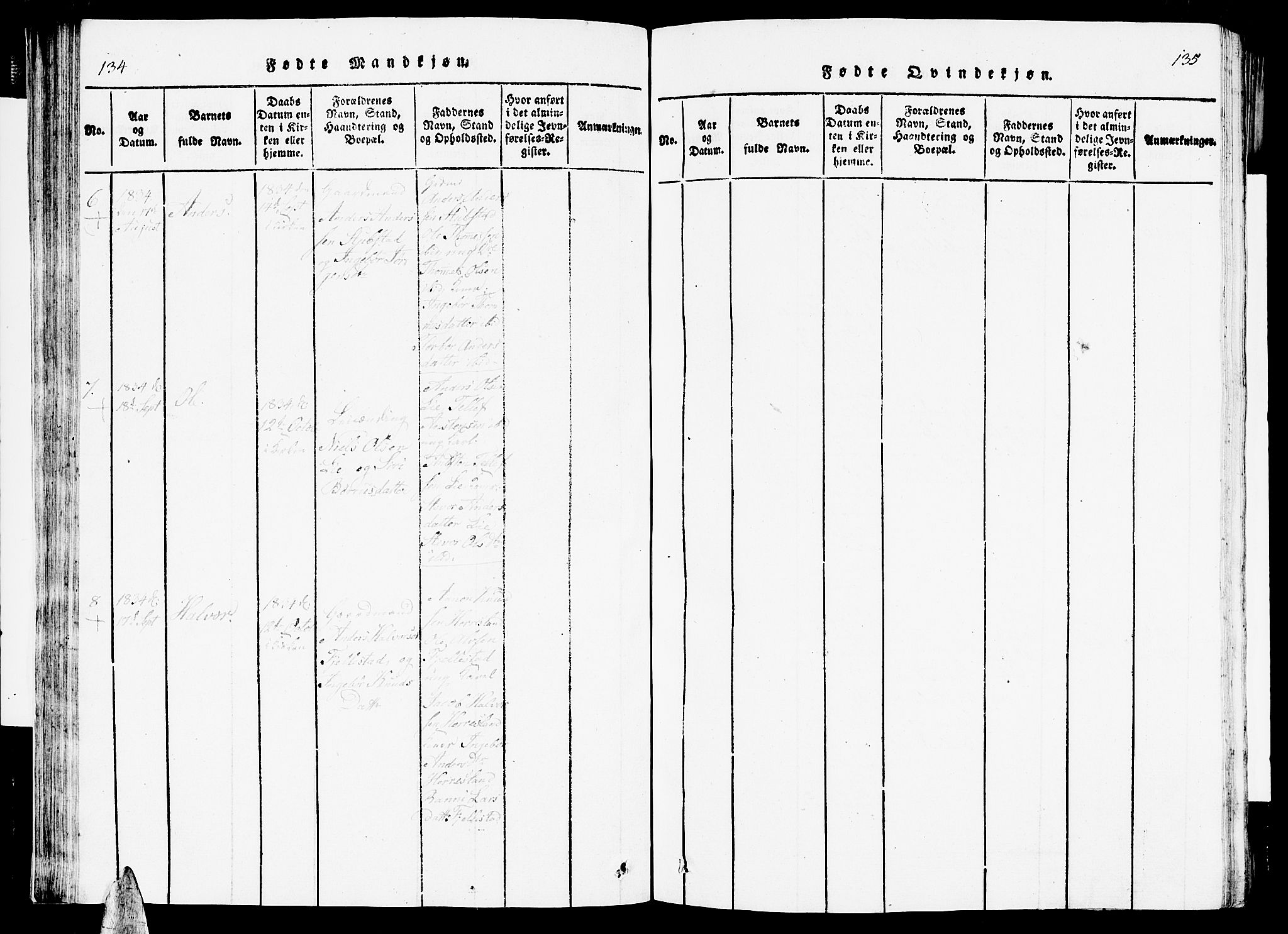 Vennesla sokneprestkontor, AV/SAK-1111-0045/Fb/Fbc/L0001: Parish register (copy) no. B 1, 1820-1834, p. 134-135