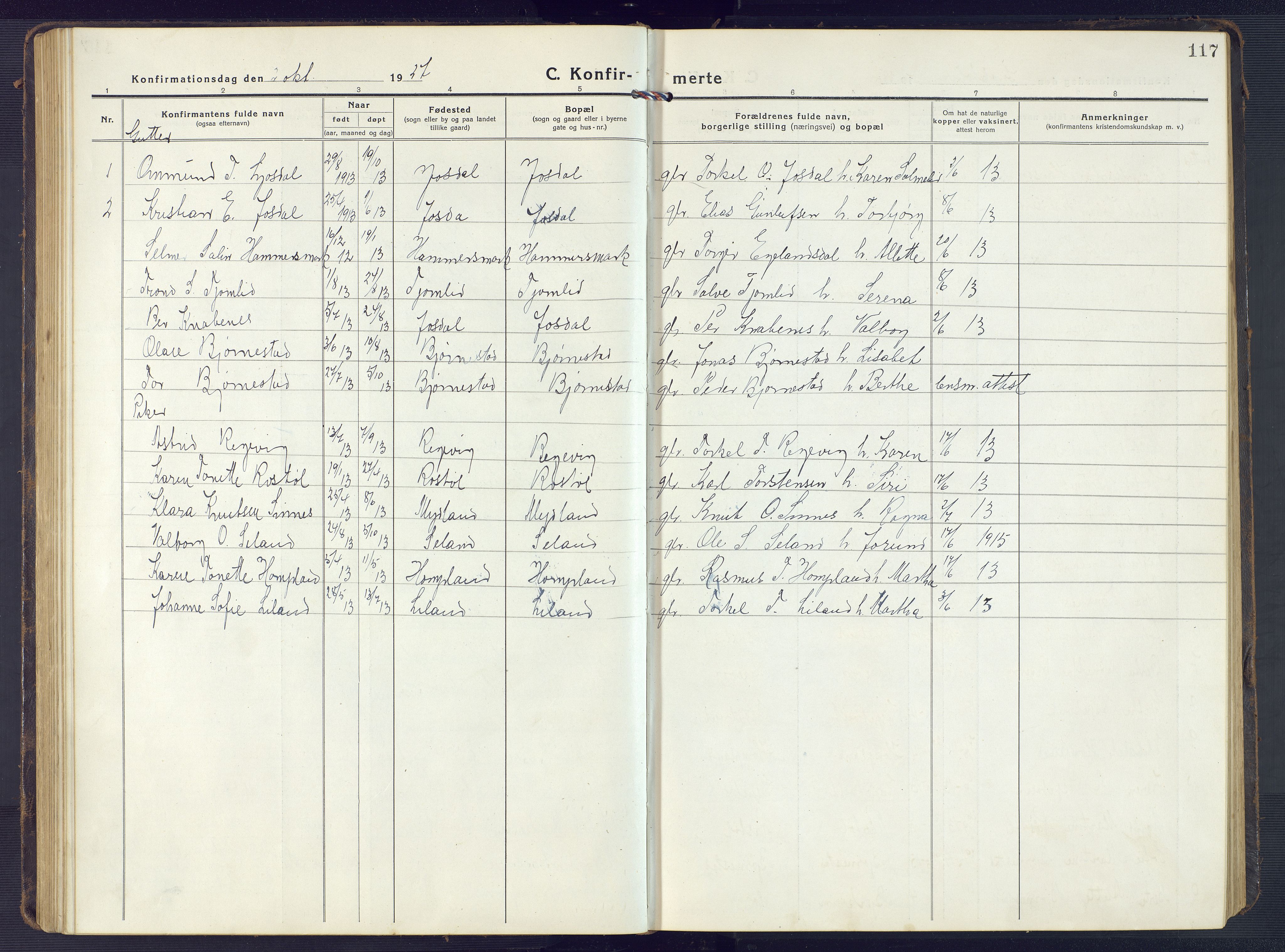 Sirdal sokneprestkontor, SAK/1111-0036/F/Fb/Fbb/L0005: Parish register (copy) no. B 5, 1916-1960, p. 117