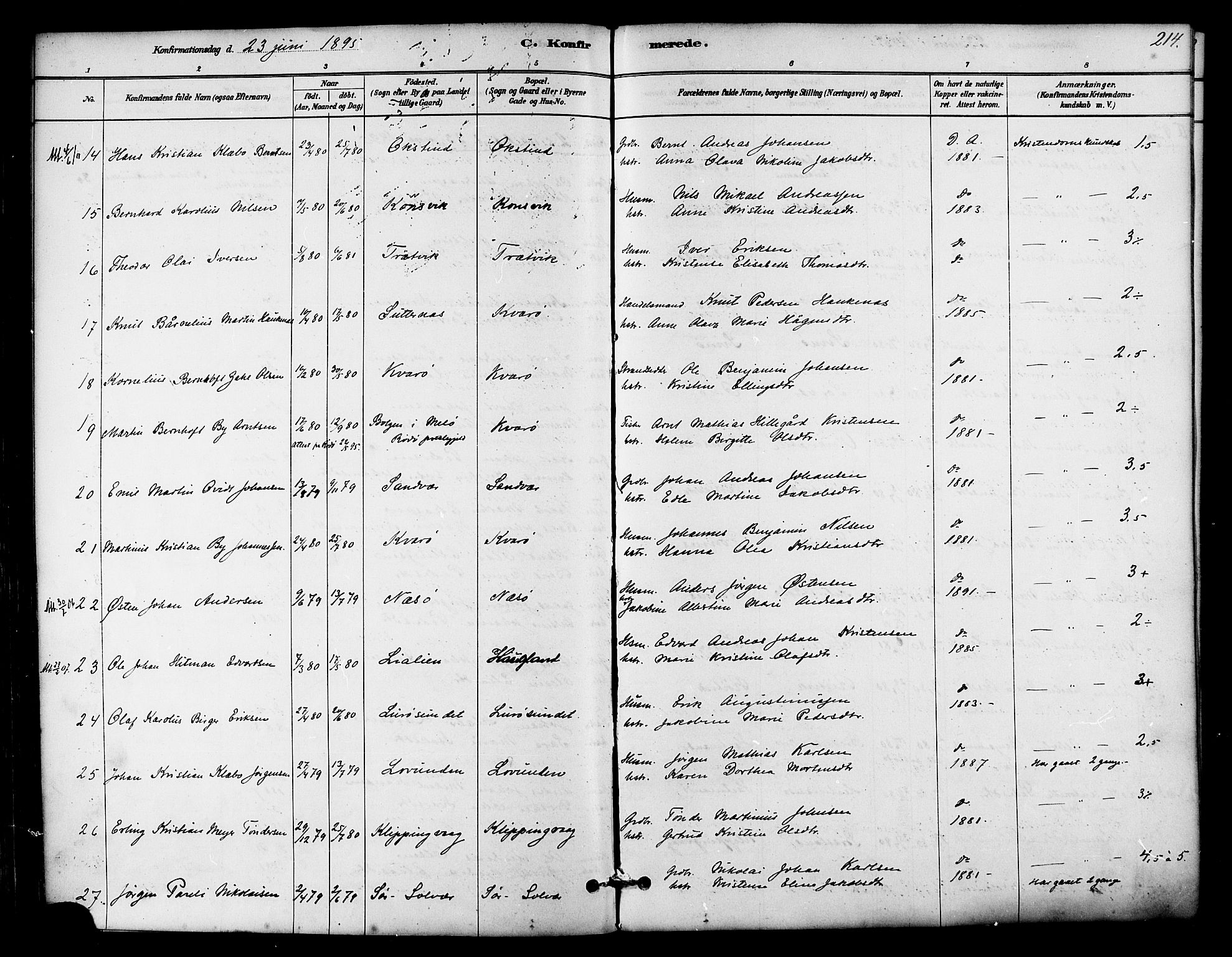 Ministerialprotokoller, klokkerbøker og fødselsregistre - Nordland, AV/SAT-A-1459/839/L0568: Parish register (official) no. 839A05, 1880-1902, p. 214