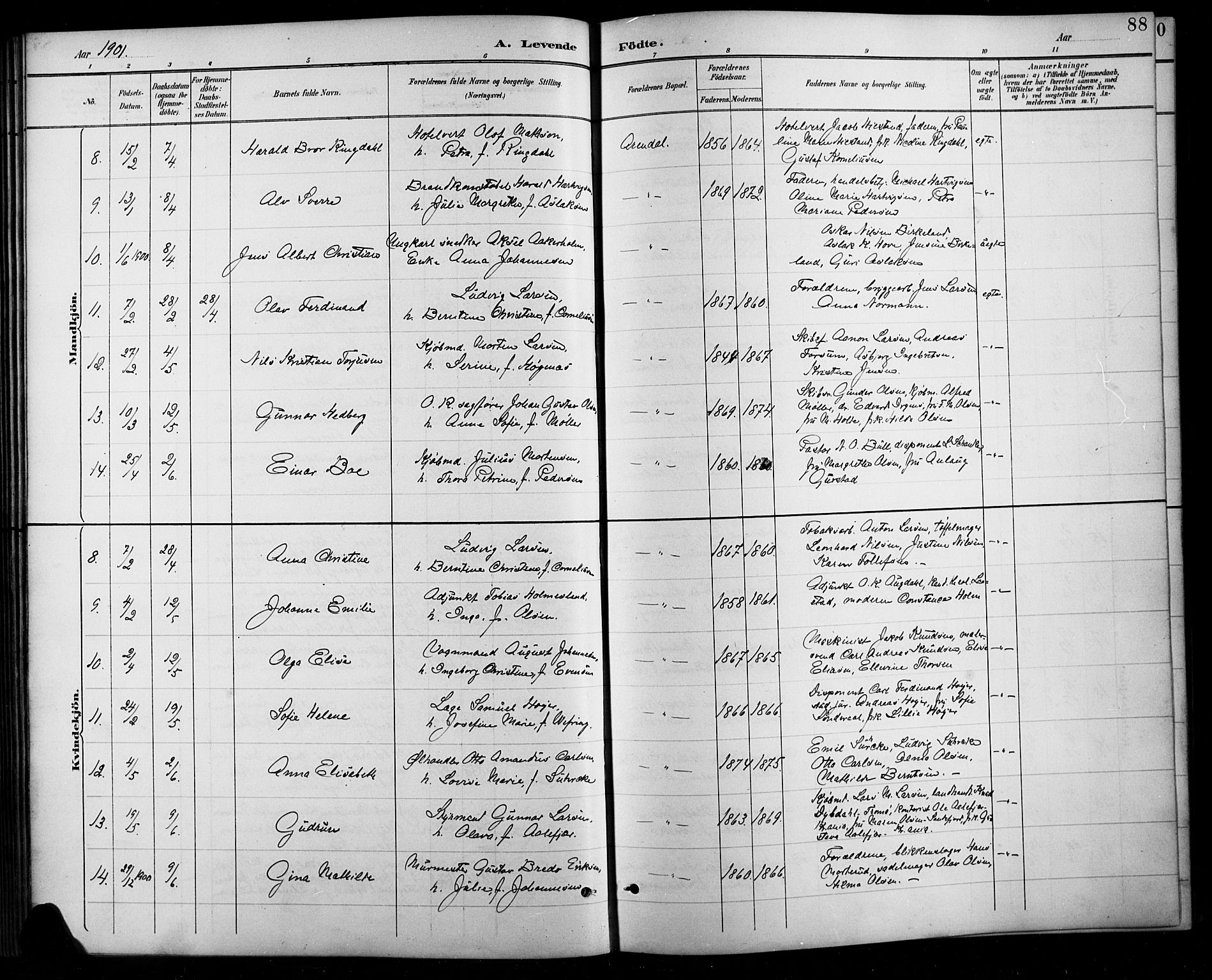 Arendal sokneprestkontor, Trefoldighet, SAK/1111-0040/F/Fb/L0006: Parish register (copy) no. B 6, 1889-1916, p. 88