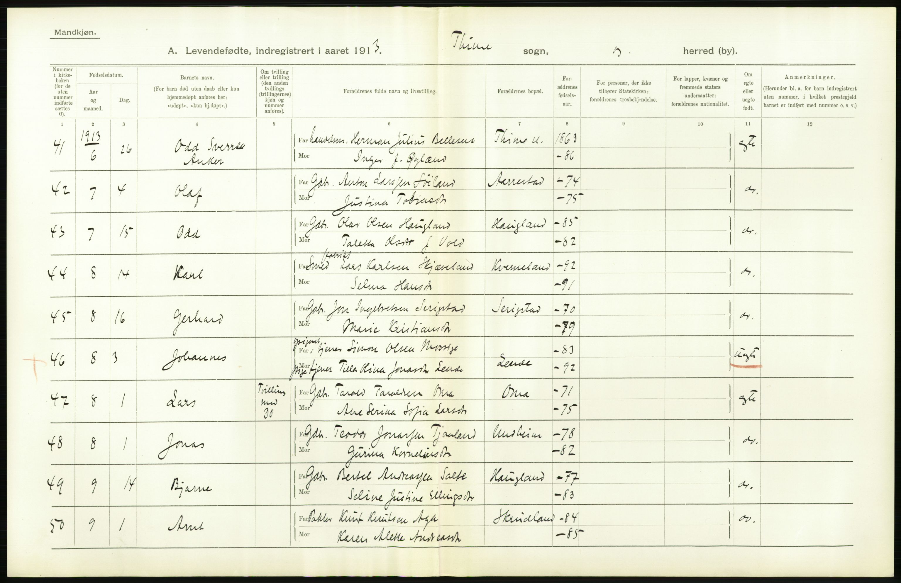 Statistisk sentralbyrå, Sosiodemografiske emner, Befolkning, AV/RA-S-2228/D/Df/Dfb/Dfbc/L0025: Stavanger amt: Levendefødte menn og kvinner. Bygder., 1913, p. 18