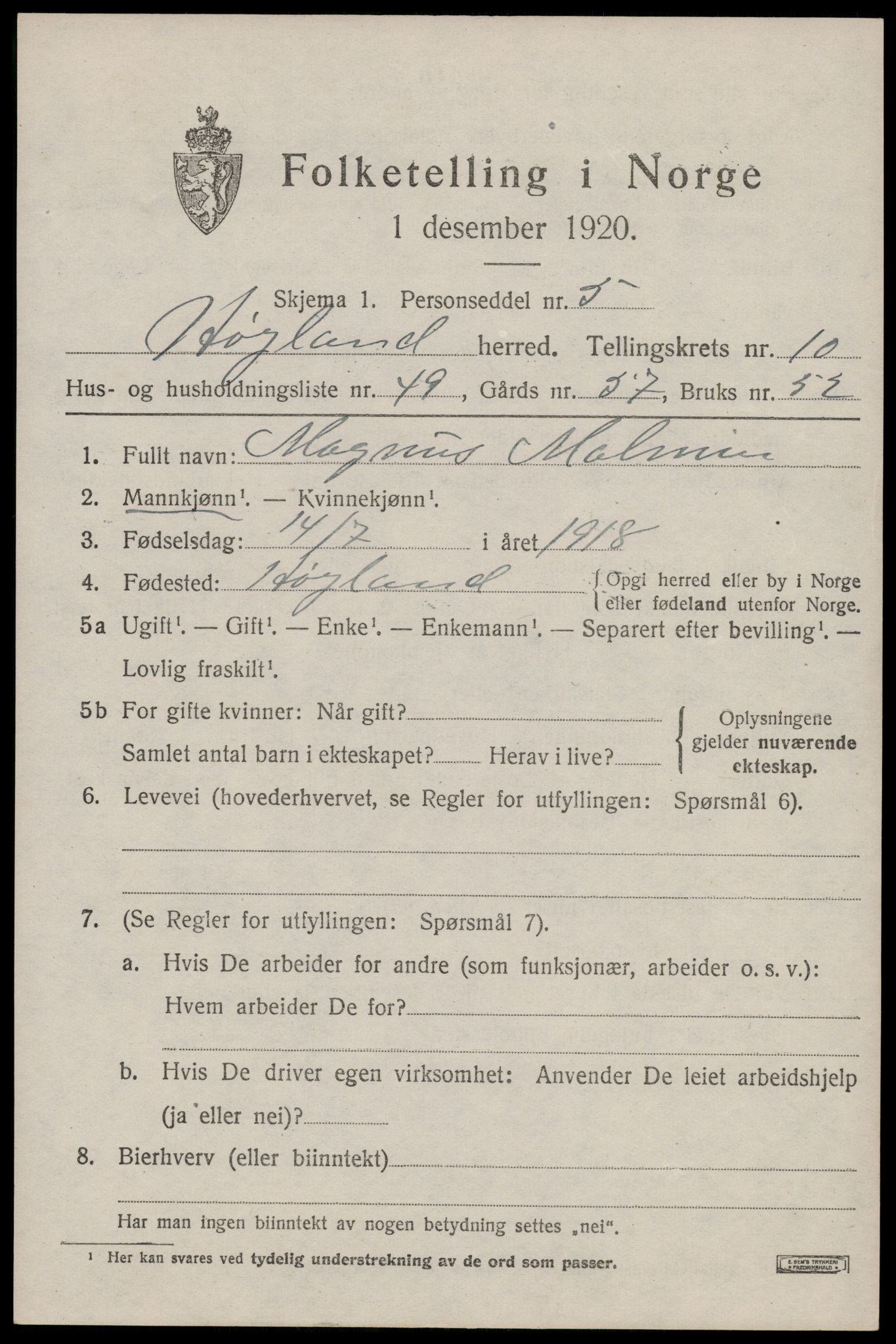 SAST, 1920 census for Høyland, 1920, p. 7806